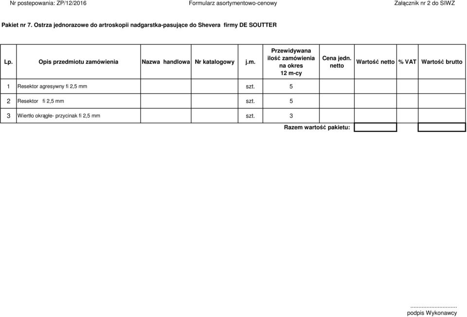 Opis przedmiotu zamówienia Nazwa handlowa Nr katalogowy j.m. Przewidywana ilość zamówienia na okres 2 m-cy Cena jedn.