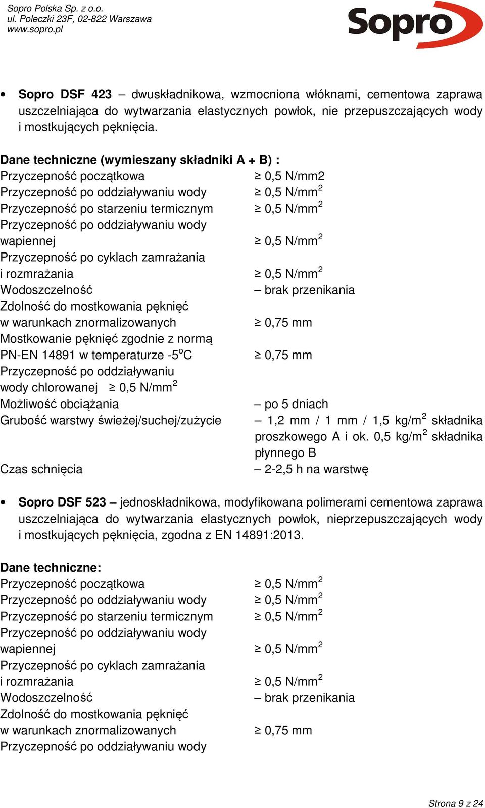 oddziaływaniu wody wapiennej 0,5 N/mm 2 Przyczepność po cyklach zamrażania i rozmrażania 0,5 N/mm 2 Wodoszczelność brak przenikania Zdolność do mostkowania pęknięć w warunkach znormalizowanych 0,75