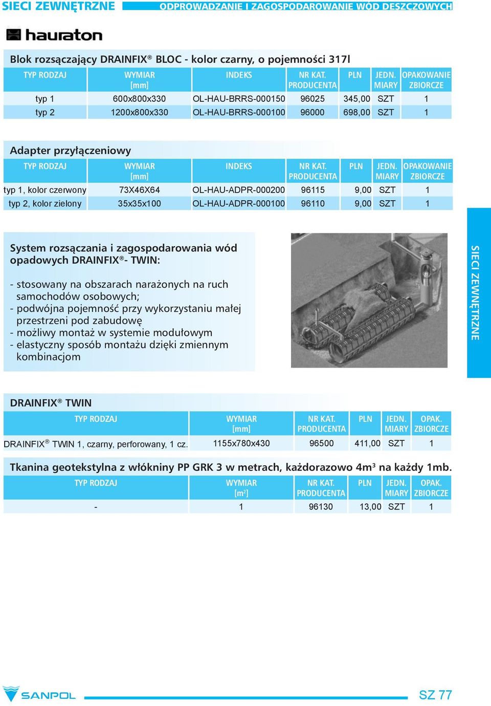 opadowych DRAINFIX - TWIN: - stosowany na obszarach narażonych na ruch samochodów osobowych; - podwójna pojemność przy wykorzystaniu małej przestrzeni pod zabudowę - możliwy montaż w systemie
