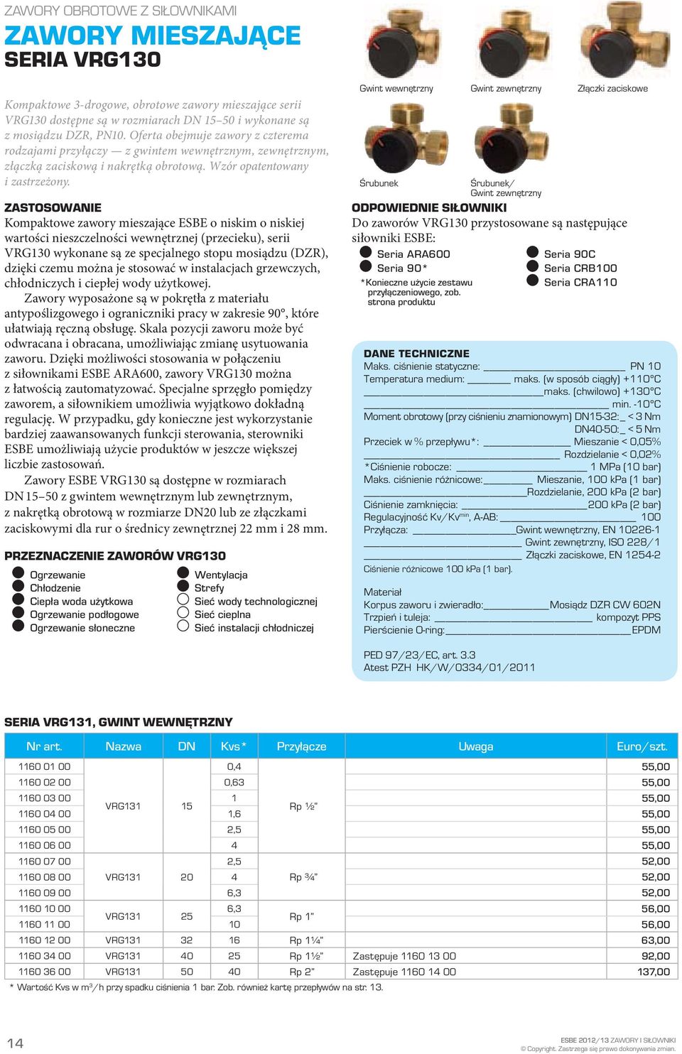 ZASTOSOWANIE Kompaktowe zawory mieszające ESBE o niskim o niskiej wartości nieszczelności wewnętrznej (przecieku), serii VRG130 wykonane są ze specjalnego stopu mosiądzu (DZR), dzięki czemu można je