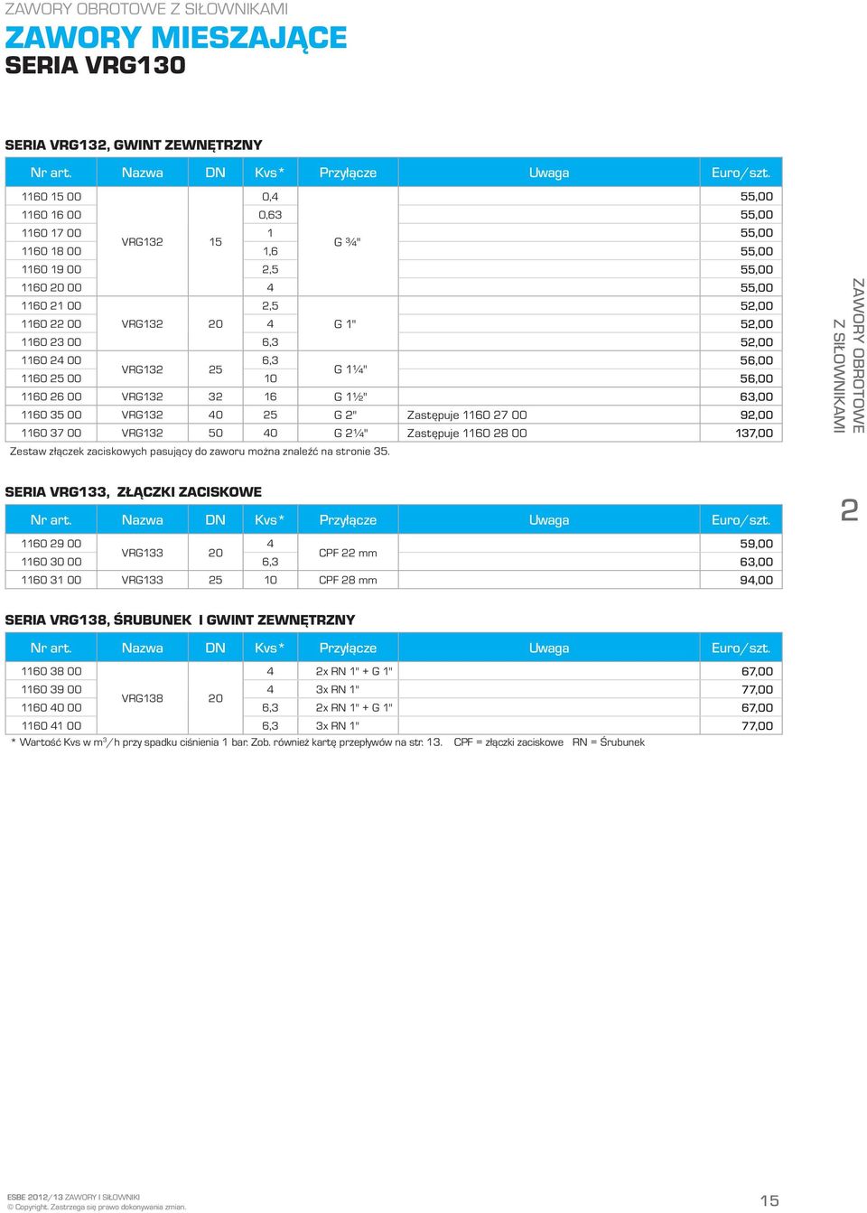 23 00 6,3 52,00 1160 24 00 6,3 56,00 VRG132 25 G 1¼" 1160 25 00 10 56,00 1160 26 00 VRG132 32 16 G 1½" 63,00 1160 35 00 VRG132 40 25 G 2" Zastępuje 1160 27 00 92,00 1160 37 00 VRG132 50 40 G 2¼"