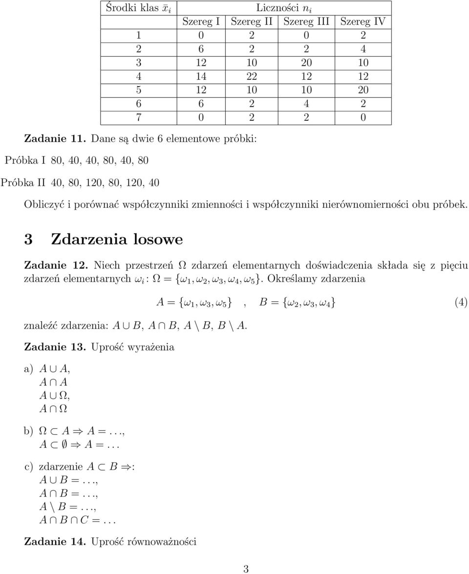 3 Zdarzenia losowe Zadanie 12. Niech przestrzeń Ω zdarzeń elementarnych doświadczenia składa się z pięciu zdarzeń elementarnych ω i : Ω = {ω 1, ω 2, ω 3, ω 4, ω 5 }.