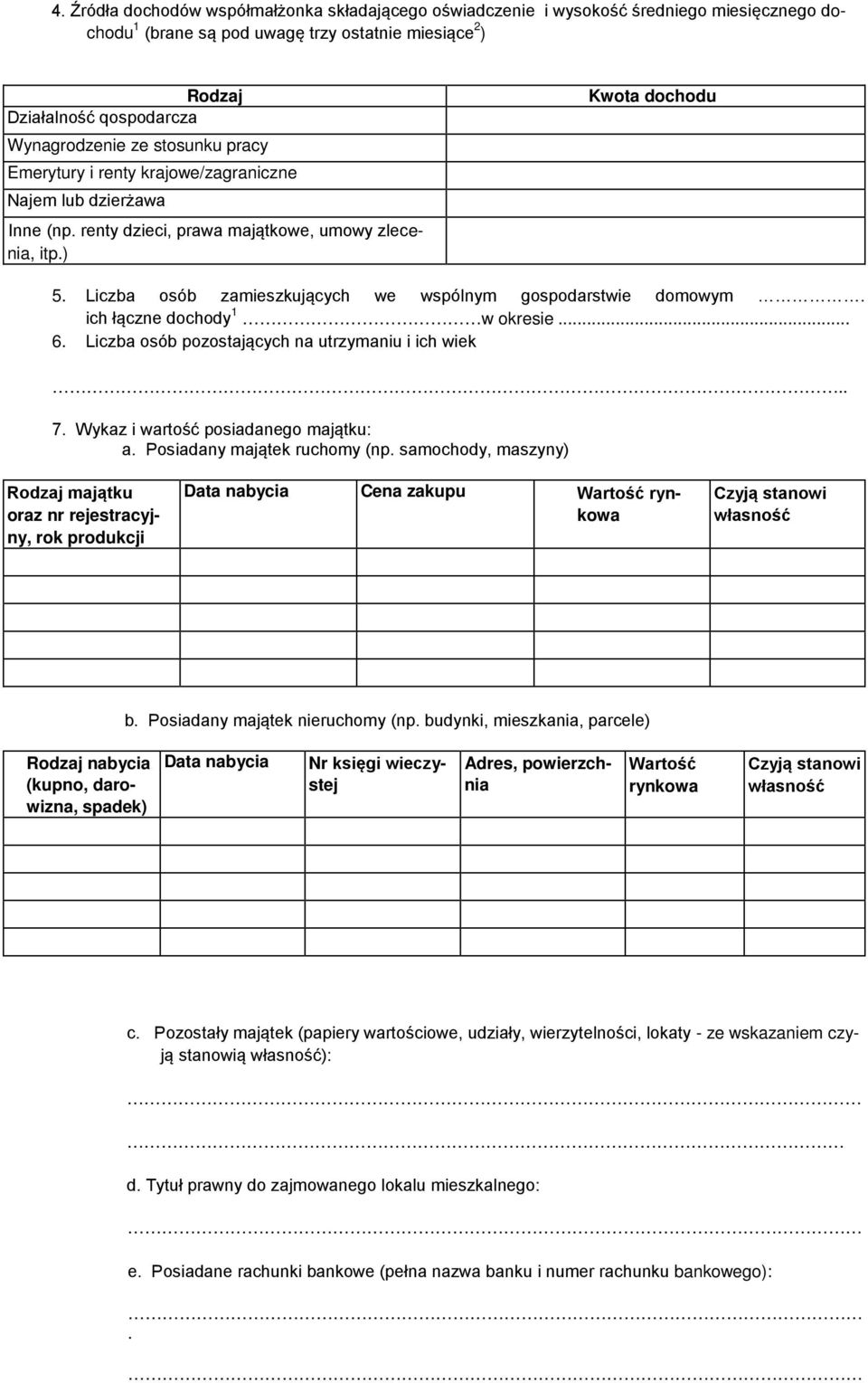 Liczba osób zamieszkujących we wspólnym gospodarstwie domowym. ich łączne dochody 1 w okresie... 6. Liczba osób pozostających na utrzymaniu i ich wiek.. 7. Wykaz i wartość posiadanego majątku: a.