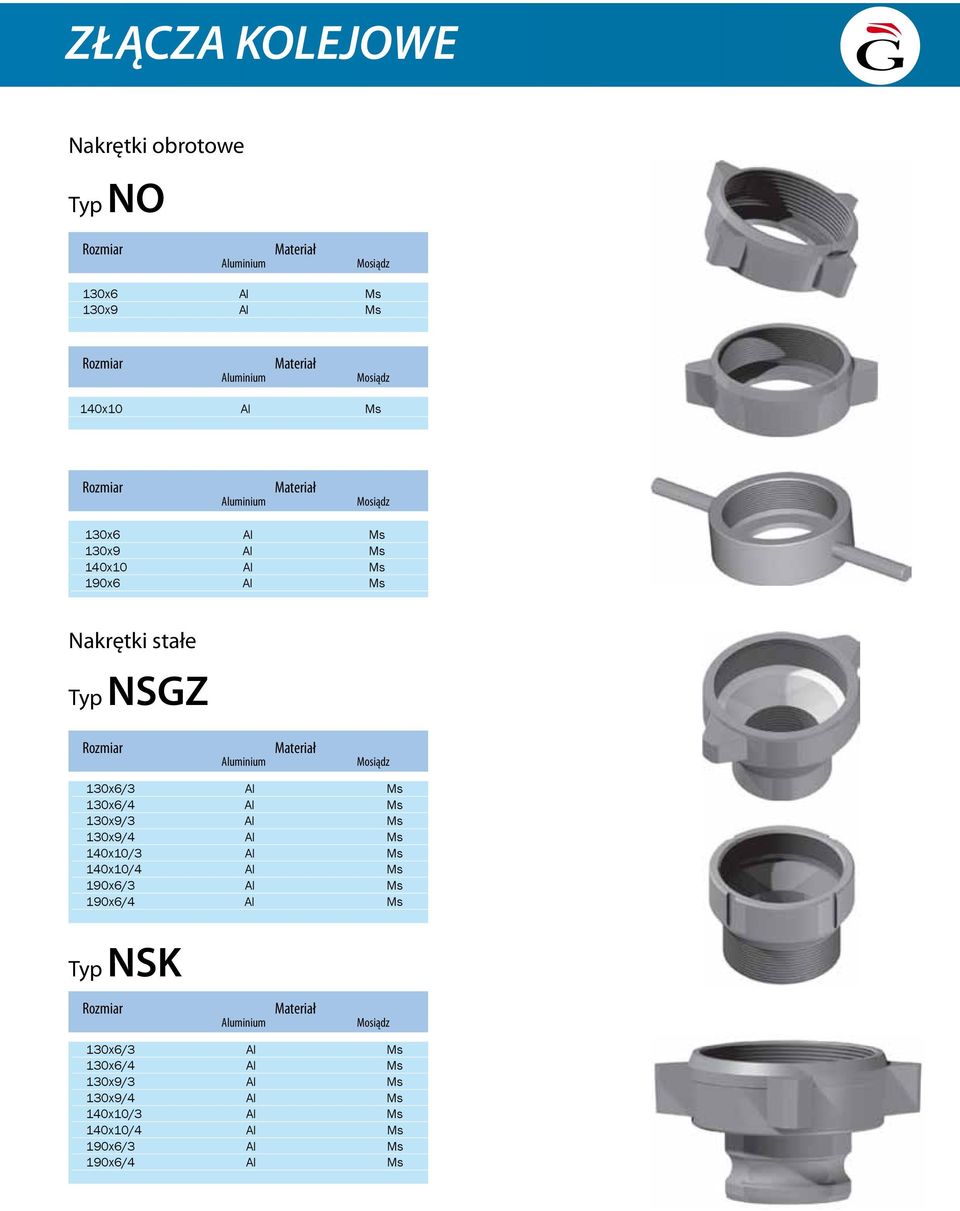 Materiał Mosiądz 130x6/3 AI Ms 130x6/4 AI Ms 130x9/3 AI Ms 130x9/4 AI Ms 140x10/3 AI Ms 140x10/4 AI Ms 190x6/3 AI Ms 190x6/4 Al Ms Typ NSK