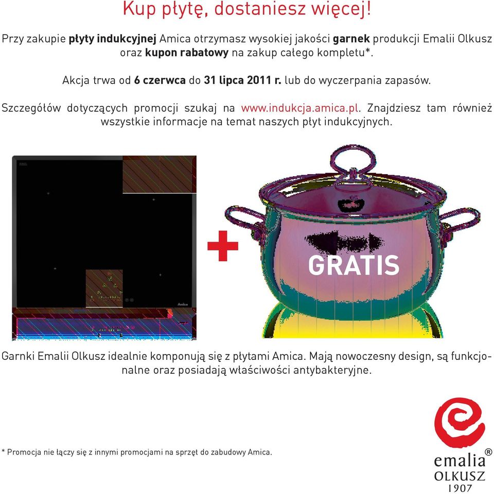 Akcja trwa od 6 czerwca do 31 lipca 2011 r. lub do wyczerpania zapasów. Szczegółów dotyczących promocji szukaj na www.indukcja.amica.pl.