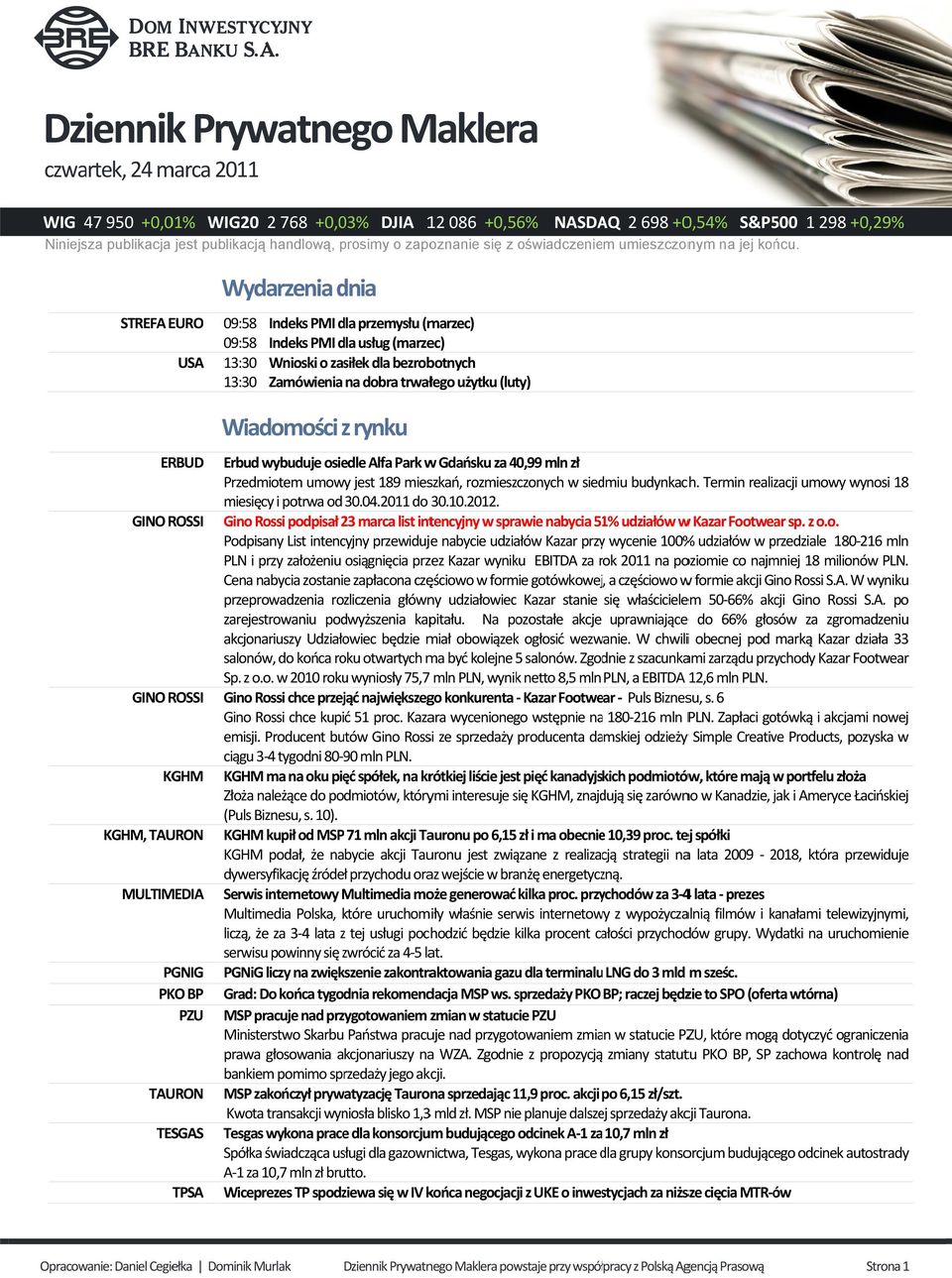 Wydarzenia dnia STREFA EURO 09:58 Indeks PMI dla przemysłu (marzec) 09:58 Indeks PMI dla usług (marzec) USA 13:30 Wnioski o zas siłek dla bezrobotnych 13:30 Zamówienia na dobra trwał łego użytku