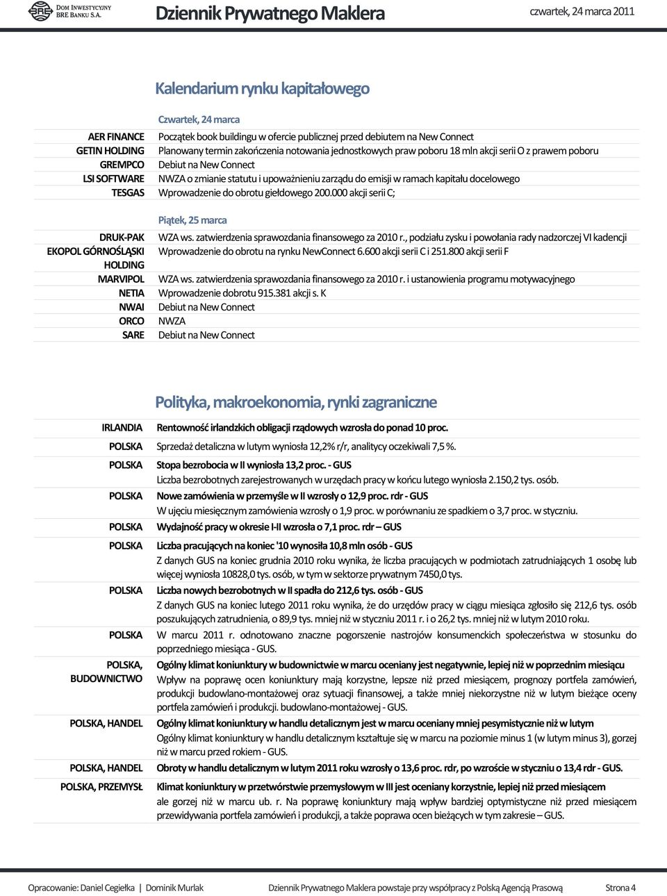 Wprowadzenie do obrotu giełdowego 200.000 akcji serii C; Piątek, 25 marca DRUK-PAK WZA ws. zatwierdzenia sprawozdania finansowego za 2010 r.