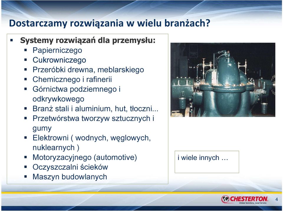 Chemicznego i rafinerii Górnictwa podziemnego i odkrywkowego Branż stali i aluminium, hut, tłoczni.