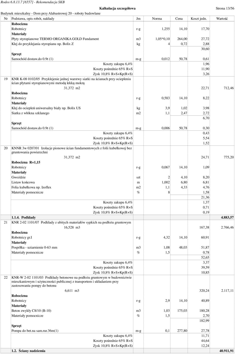 9t (1) m-g 0,012 50,78 0,61 Koszty zakupu 6,4% 1,96 Koszty pośrednie 65% R+S 11,90 Zysk 10,8% R+S+Kp(R+S) 3,26 19 KNR K-08 0102/05 Przyklejenie jednej warstwy siatki na ścianach przy ociepleniu ścian