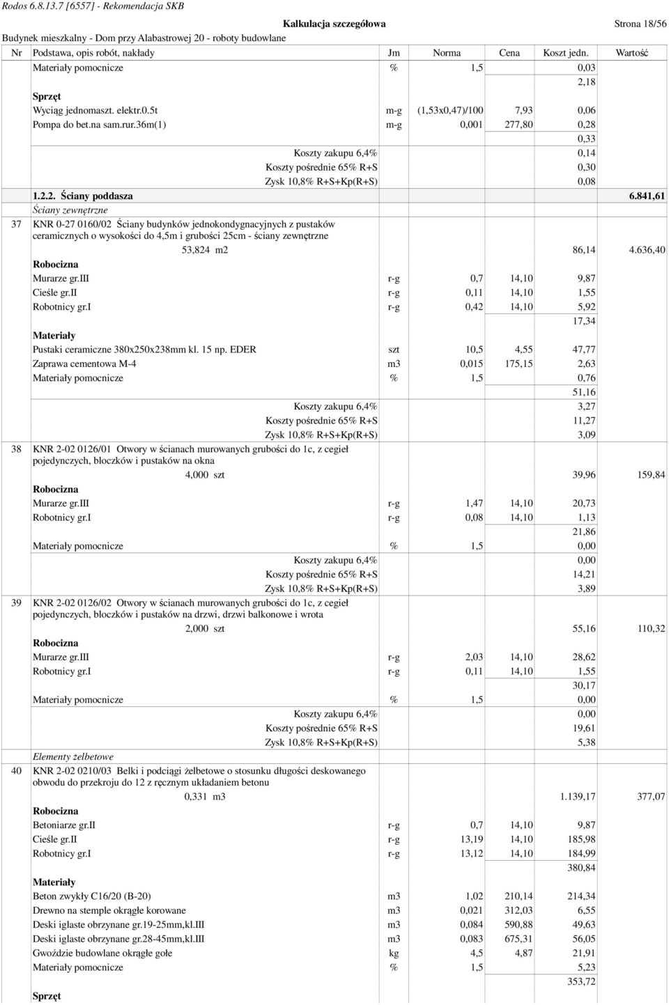 841,61 Ściany zewnętrzne 37 KNR 0-27 0160/02 Ściany budynków jednokondygnacyjnych z pustaków ceramicznych o wysokości do 4,5m i grubości 25cm - ściany zewnętrzne 53,824 m2 86,14 4.636,40 Murarze gr.