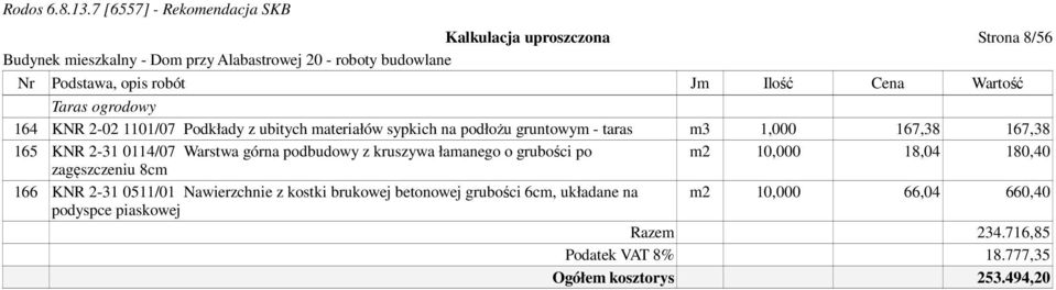 kruszywa łamanego o grubości po m2 10,000 18,04 180,40 zagęszczeniu 8cm 166 KNR 2-31 0511/01 Nawierzchnie z kostki brukowej