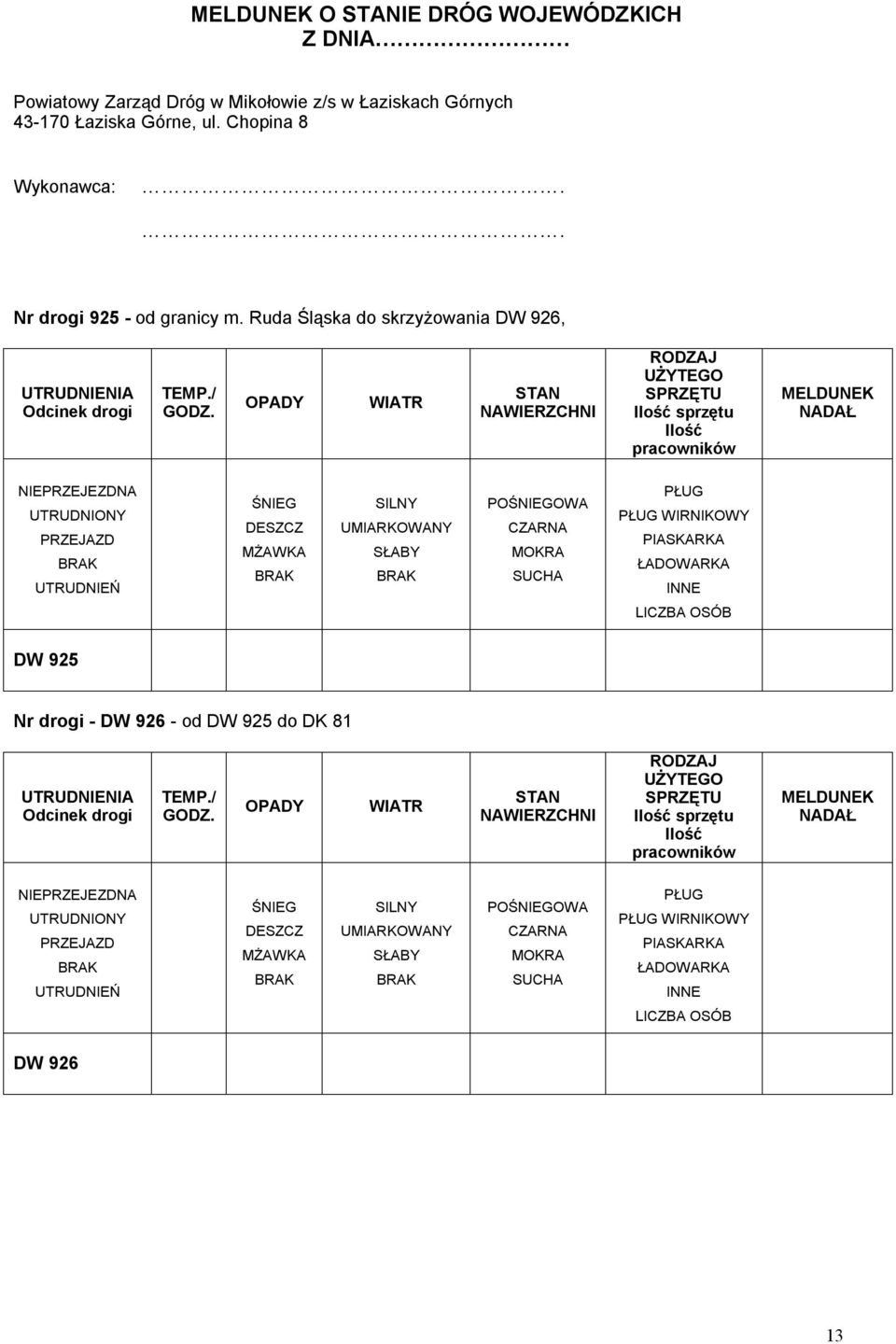 OPADY WIATR STAN NAWIERZCHNI RODZAJ UŻYTEGO SPRZĘTU Ilość sprzętu Ilość pracowników MELDUNEK NADAŁ NIEPRZEJEZDNA UTRUDNIONY PRZEJAZD BRAK UTRUDNIEŃ ŚNIEG DESZCZ MŻAWKA BRAK SILNY UMIARKOWANY SŁABY