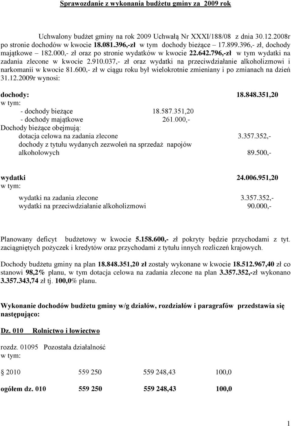 037,- zł oraz wydatki na przeciwdziałanie alkoholizmowi i narkomanii w kwocie 81.600,- zł w ciągu roku był wielokrotnie zmieniany i po zmianach na dzień 31.12.2009r wynosi: dochody: 18.848.