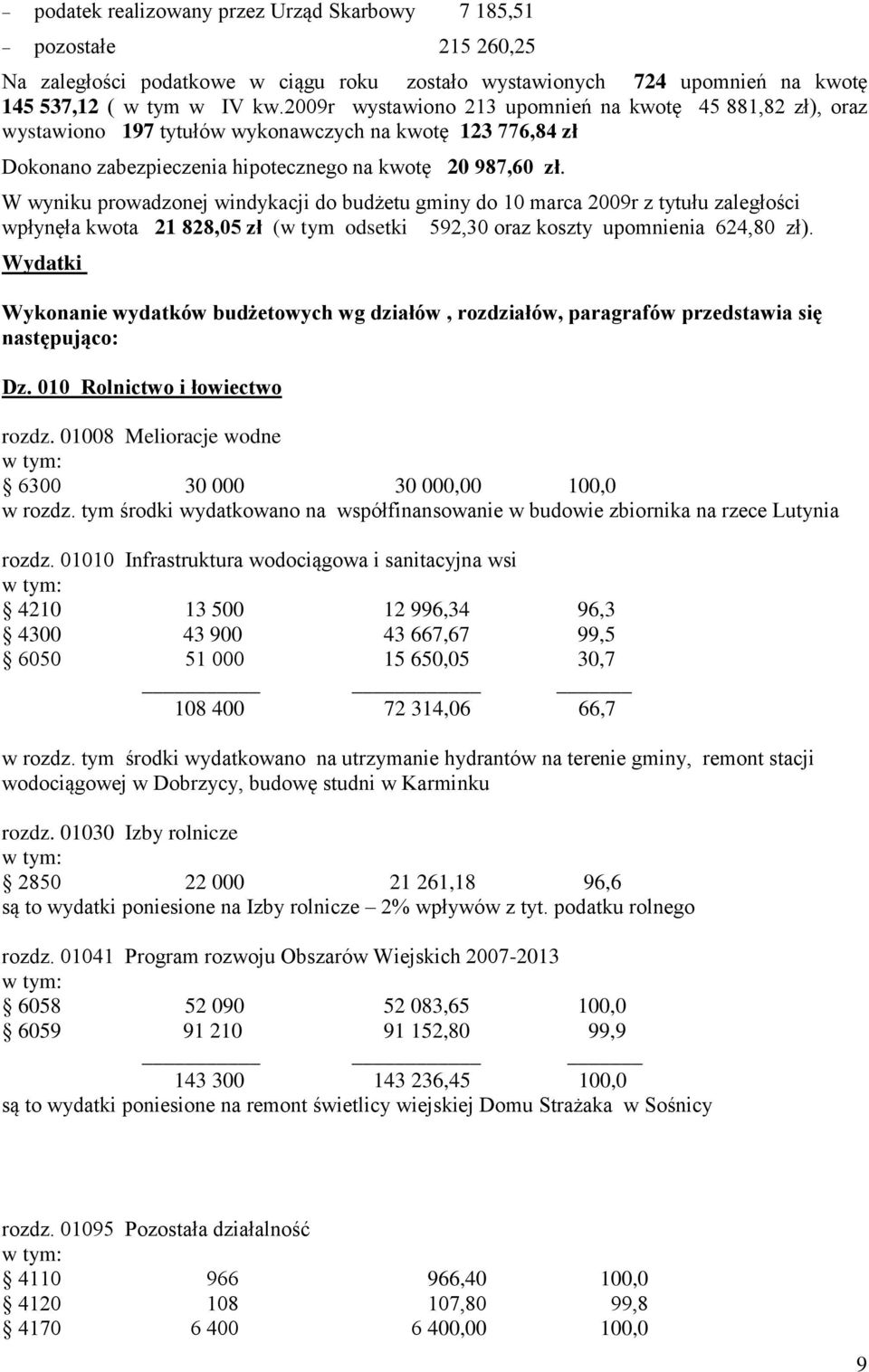 W wyniku prowadzonej windykacji do budżetu gminy do 10 marca 2009r z tytułu zaległości wpłynęła kwota 21 828,05 zł (w tym odsetki 592,30 oraz koszty upomnienia 624,80 zł).