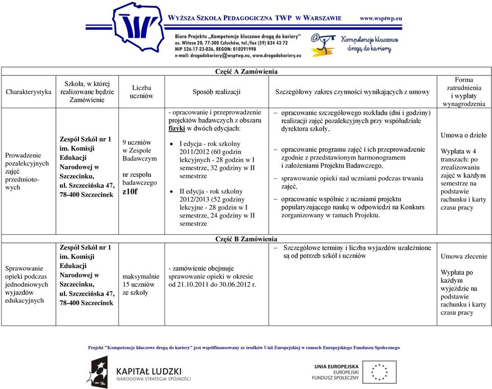 w II II edycja - rok szkolny 2012/2013 (52 godziny lekcyjne - 28 godzin w I, 24 godziny w II Szczegółowy zakres czynności wynikających z umowy opracowanie szczegółowego rozkładu (dni i godziny)