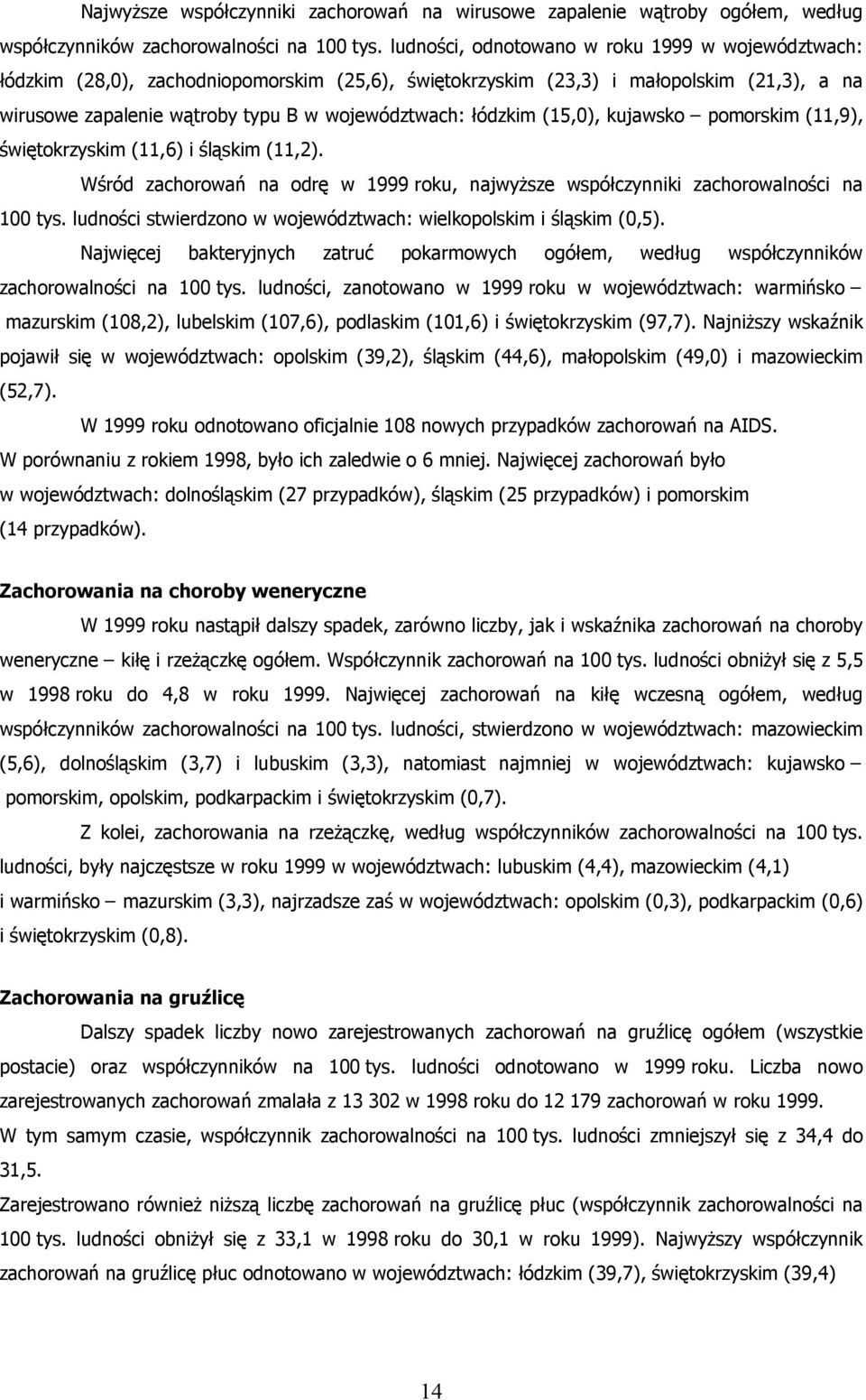 łódzkim (15,0), kujawsko pomorskim (11,9), świętokrzyskim (11,6) i śląskim (11,2). Wśród zachorowań na odrę w 1999 roku, najwyższe współczynniki zachorowalności na 100 tys.