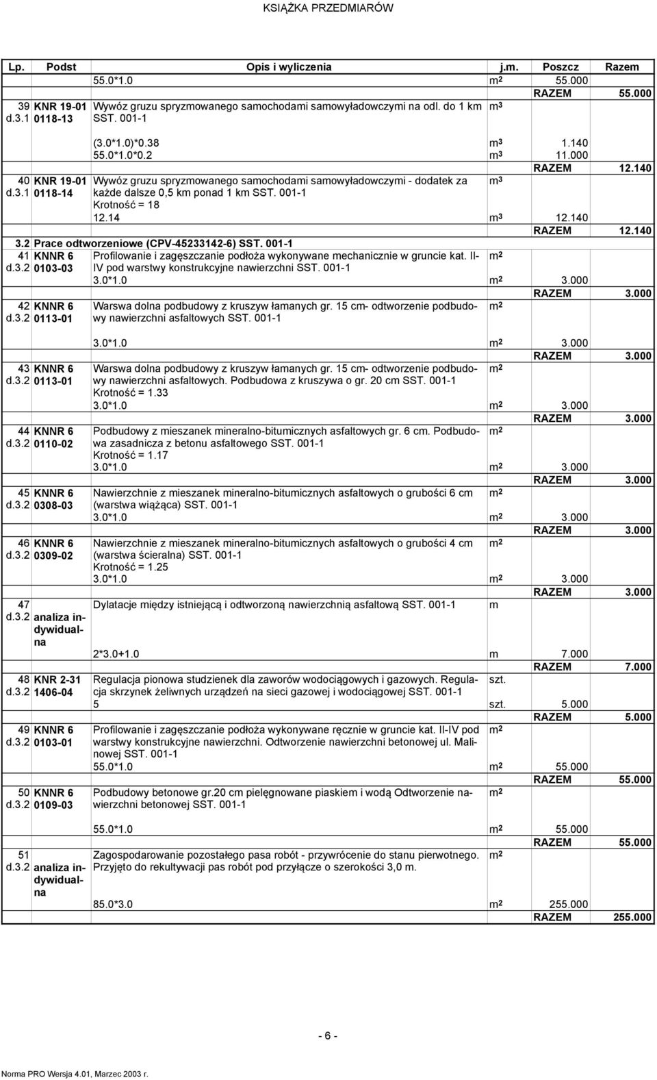 Krotność = 18 124 1240 RAZEM 1240 3 Prace odtworzeniowe (CPV-45233142-6) SST. 41 KNNR 6 d.3 0103-03 Profilowanie i zagęszczanie podłoża wykonywane echanicznie w gruncie kat.