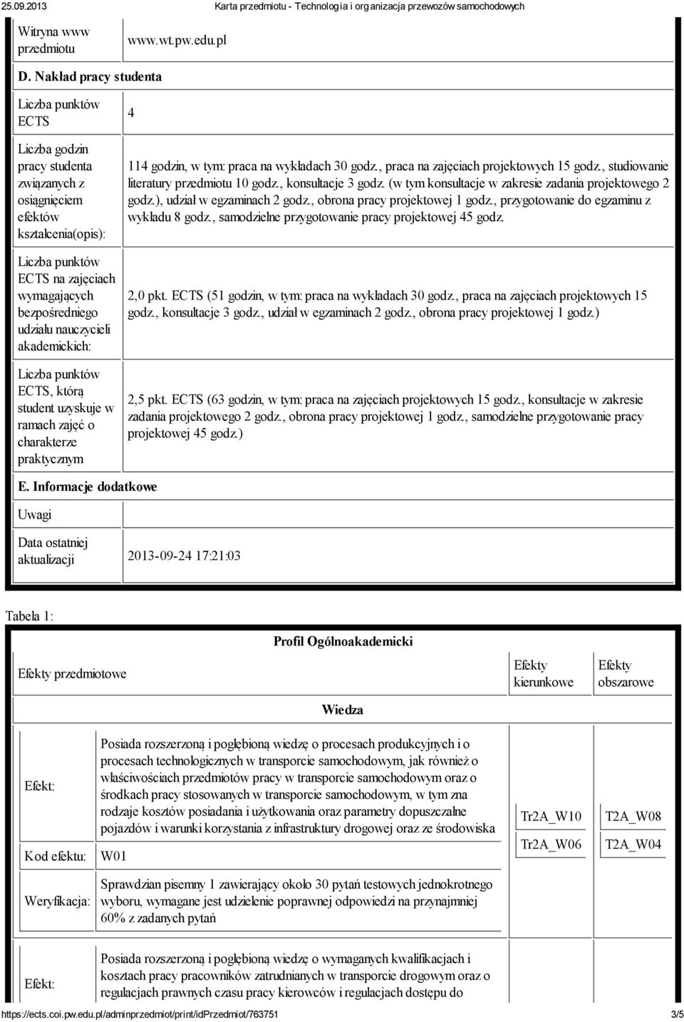 którą student uzyskuje w ramach zajęć o charakterze praktycznym 4 114 godzin, w tym: praca na wykładach 30 godz., praca na zajęciach projektowych 15 godz., studiowanie literatury przedmiotu 10 godz.