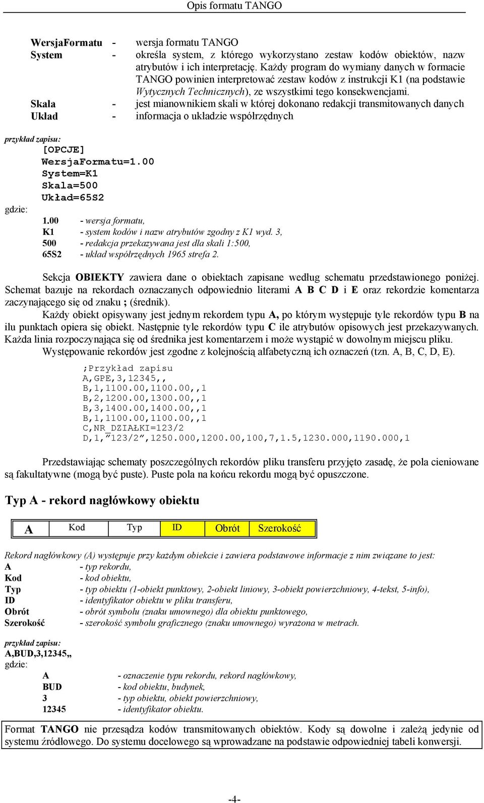 Skala - jest mianownikiem skali w której dokonano redakcji transmitowanych danych Układ - informacja o układzie współrzędnych [OPCJE] WersjaFormatu=.00 System=K Skala=00 Układ=S gdzie:.