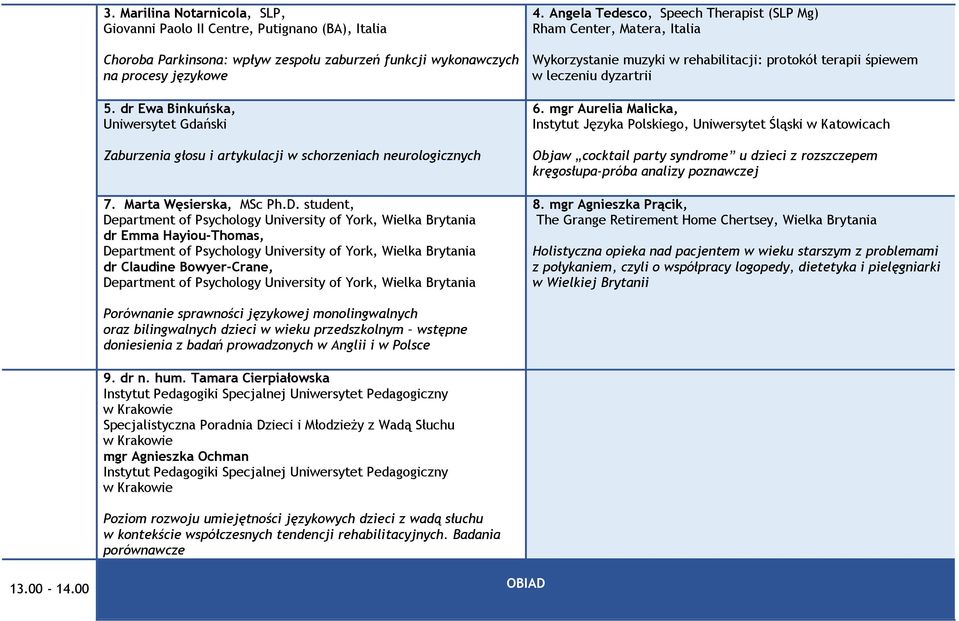 Angela Tedesco, Speech Therapist (SLP Mg) Rham Center, Matera, Italia Wykorzystanie muzyki w rehabilitacji: protokół terapii śpiewem w leczeniu dyzartrii 6.