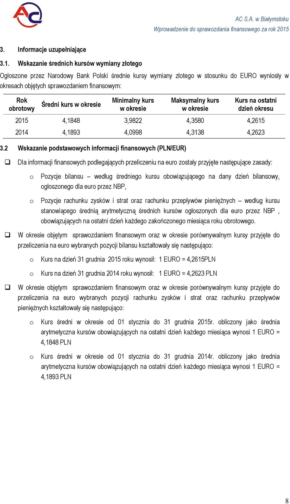 Wskazanie średnich kursów wymiany złteg Ogłszne przez Nardwy Bank Plski średnie kursy wymiany złteg w stsunku d EURO wynisły w kresach bjętych sprawzdaniem finanswym: Rk brtwy Średni kurs w kresie