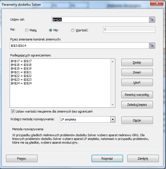 Program rozwiązujemy z wykorzystaniem dodatku Solver. Należy pamiętać, że ograniczenia mają postać równości, ponieważ jest to zamknięte zagadnienie transportowe.