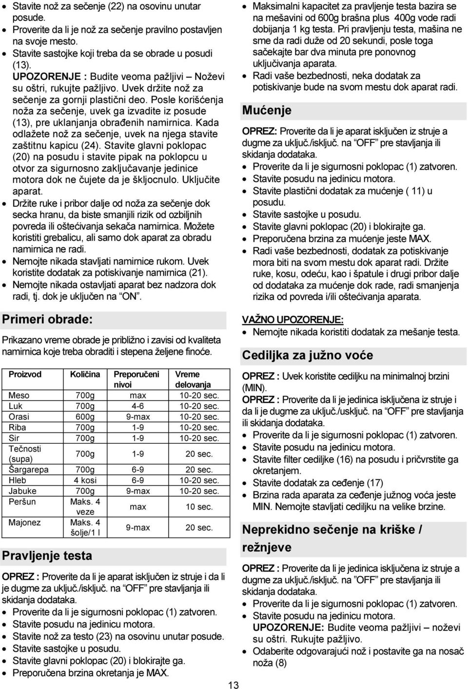Posle korišćenja noža za sečenje, uvek ga izvadite iz posude (13), pre uklanjanja obrađenih namirnica. Kada odlažete nož za sečenje, uvek na njega stavite zaštitnu kapicu (24).
