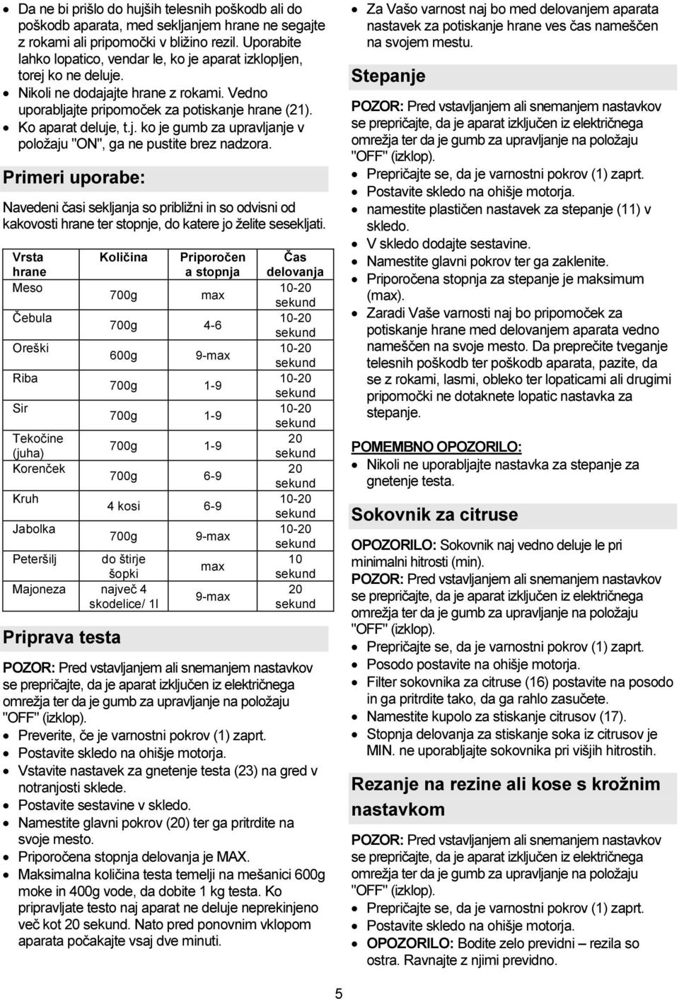 Primeri uporabe: Navedeni časi sekljanja so približni in so odvisni od kakovosti hrane ter stopnje, do katere jo želite sesekljati.