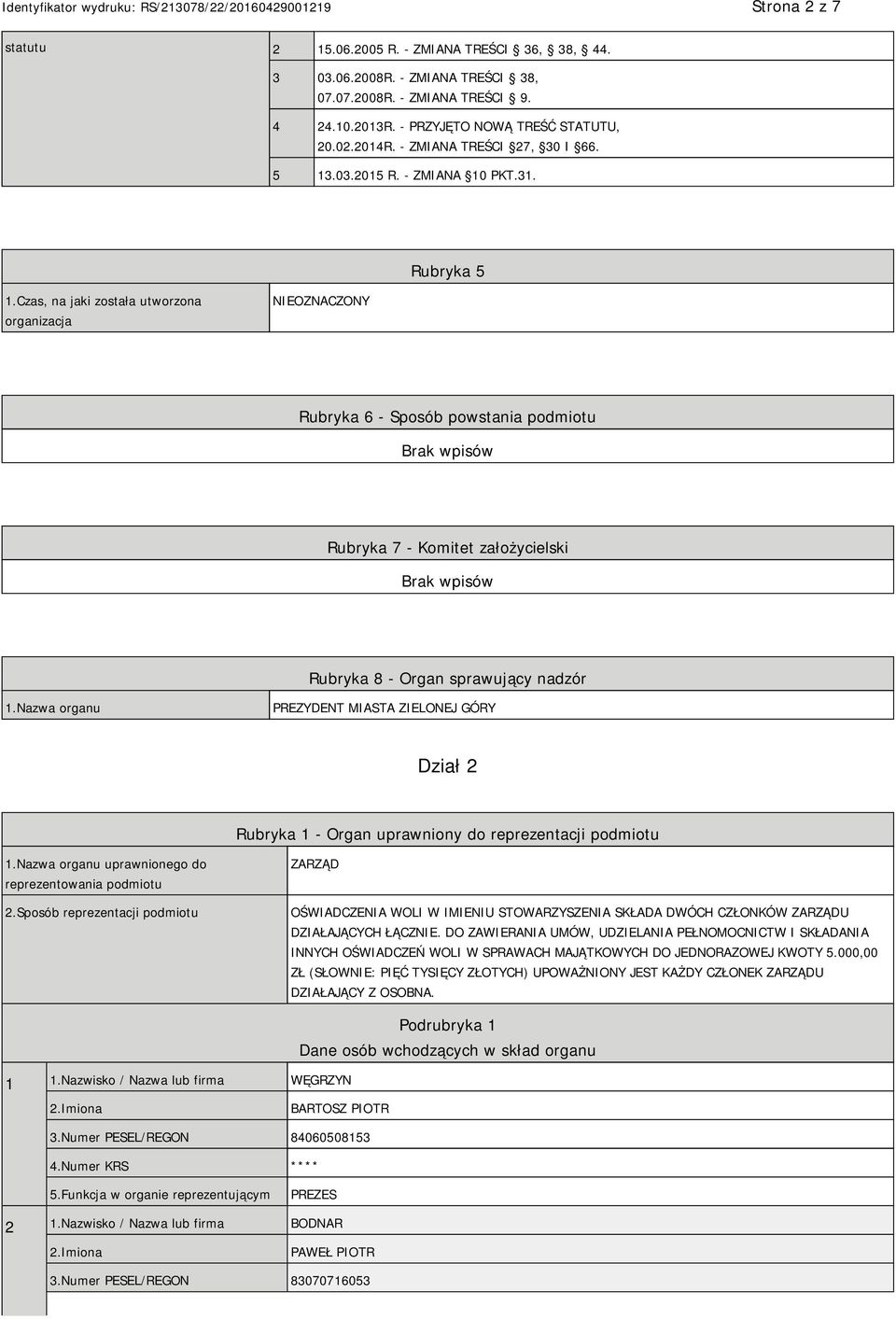 Czas, na jaki została utworzona organizacja NIEOZNACZONY Rubryka 6 - Sposób powstania podmiotu Rubryka 7 - Komitet założycielski Rubryka 8 - Organ sprawujący nadzór 1.