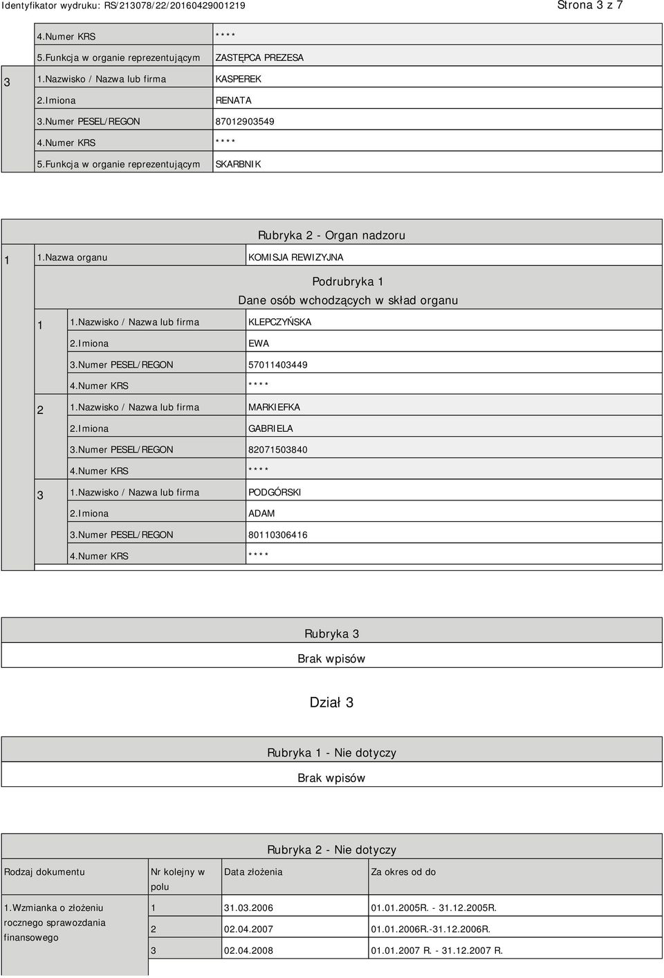 Nazwisko / Nazwa lub firma KLEPCZYŃSKA EWA 3.Numer PESEL/REGON 57011403449 2 1.Nazwisko / Nazwa lub firma MARKIEFKA GABRIELA 3.Numer PESEL/REGON 82071503840 3 1.