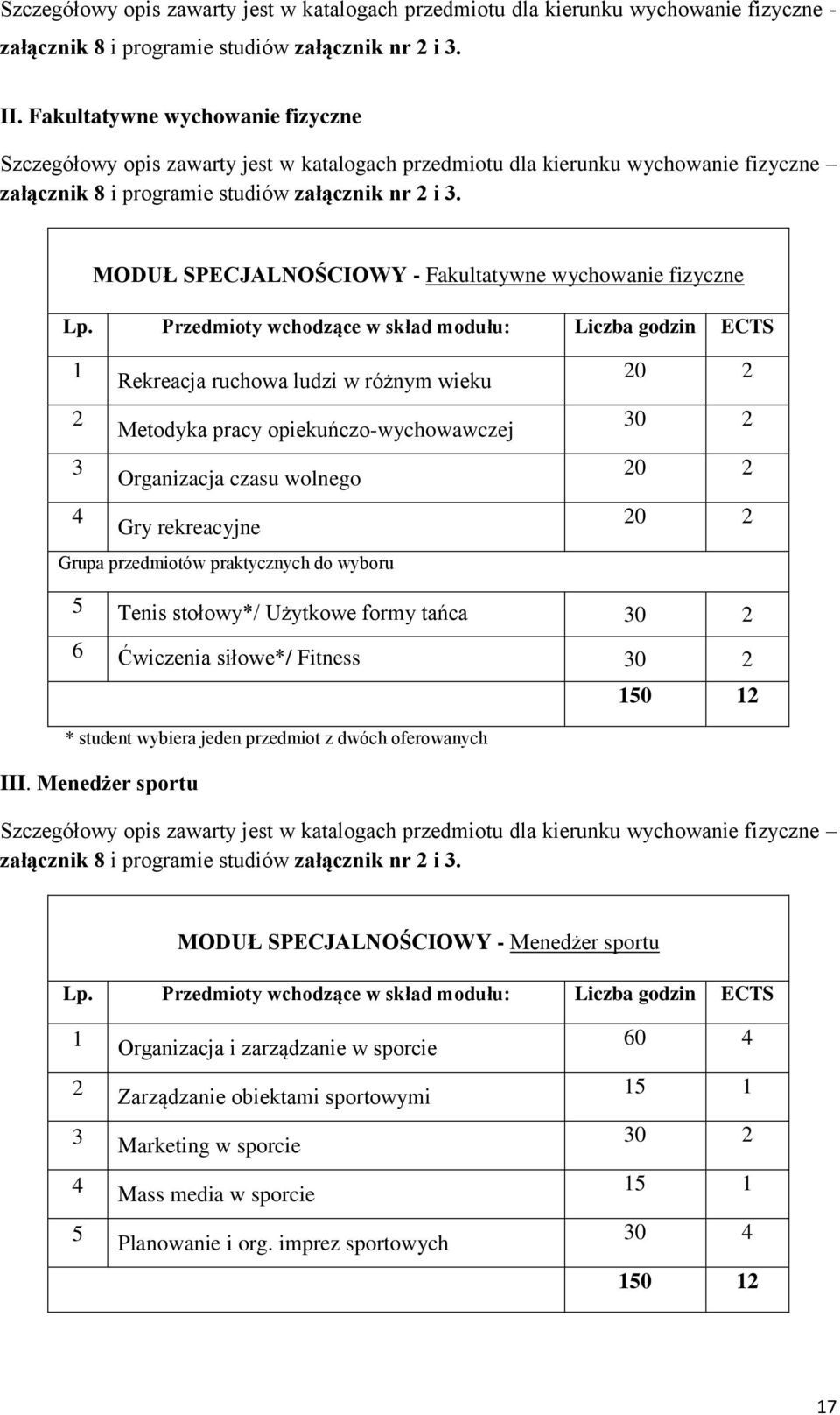 MODUŁ SPECJALNOŚCIOWY - Fakultatywne wychowanie fizyczne Lp.