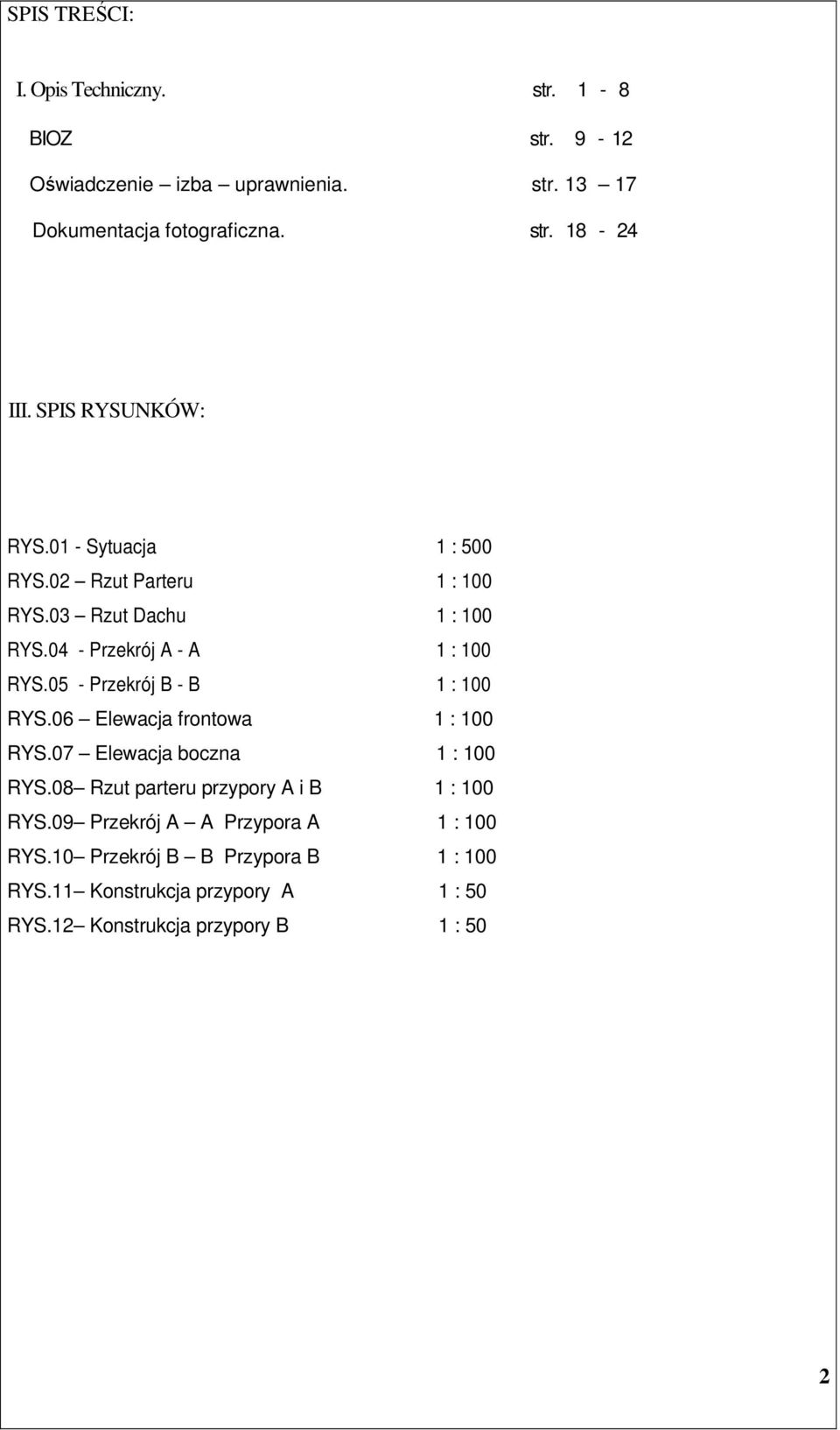 05 - Przekrój B - B 1 : 100 RYS.06 Elewacja frontowa 1 : 100 RYS.07 Elewacja boczna 1 : 100 RYS.08 Rzut parteru przypory A i B 1 : 100 RYS.