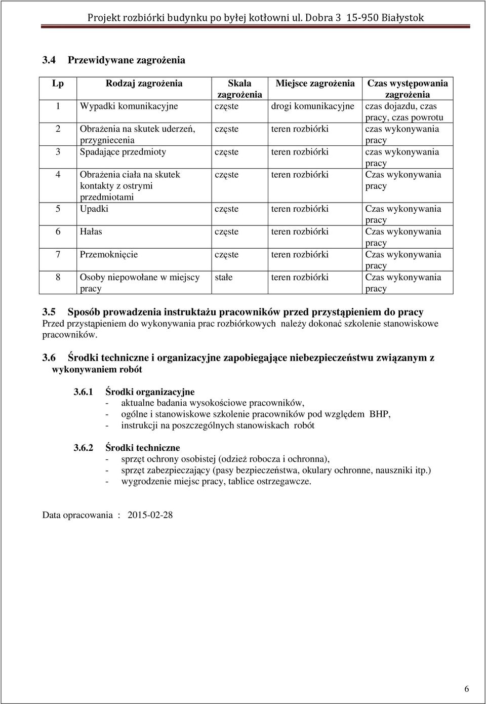 powrotu 2 Obrażenia na skutek uderzeń, przygniecenia częste teren rozbiórki czas wykonywania pracy 3 Spadające przedmioty częste teren rozbiórki czas wykonywania pracy 4 Obrażenia ciała na skutek