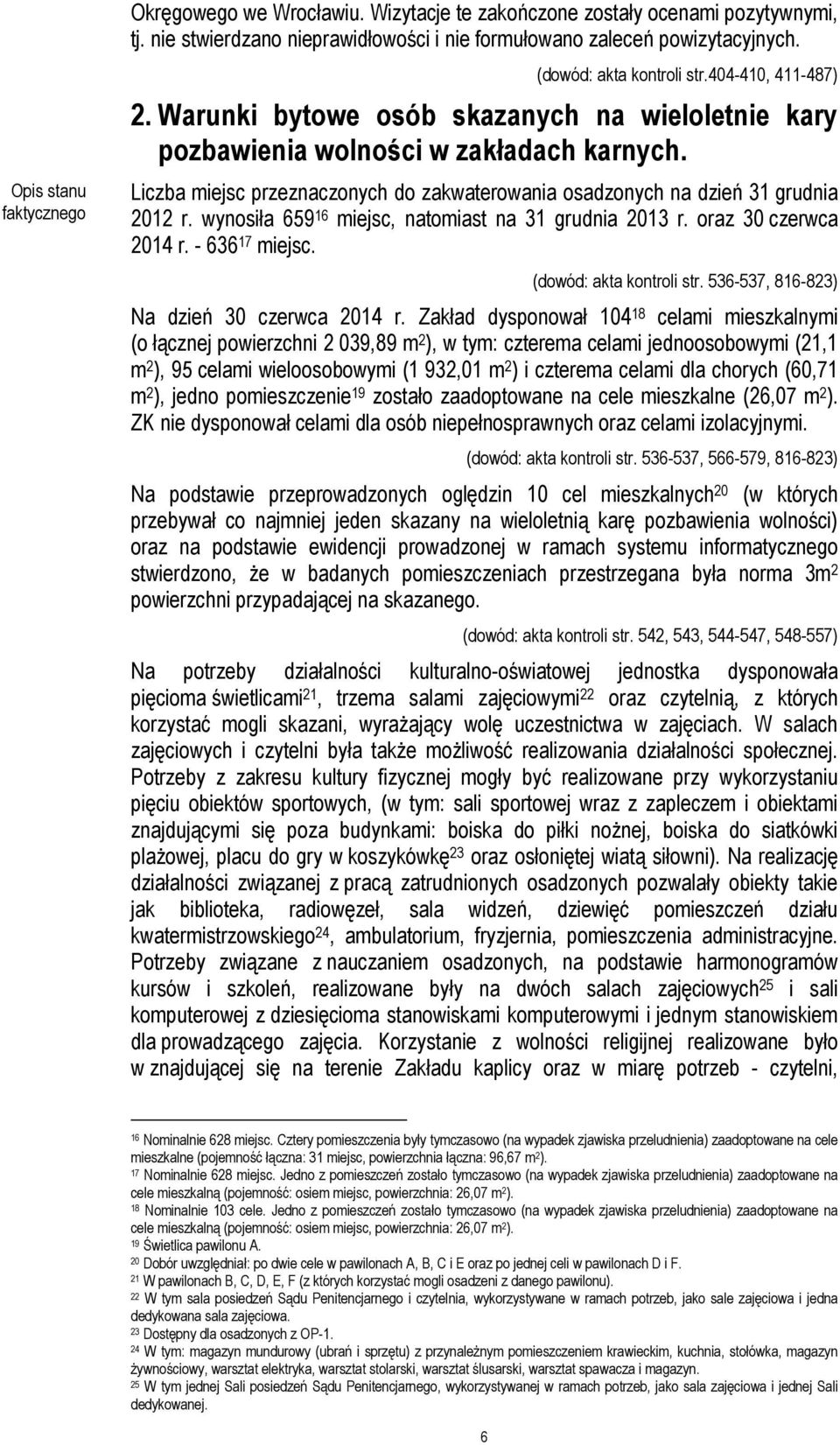 Liczba miejsc przeznaczonych do zakwaterowania osadzonych na dzień 31 grudnia 2012 r. wynosiła 659 16 miejsc, natomiast na 31 grudnia 2013 r. oraz 30 czerwca 2014 r. - 636 17 miejsc.