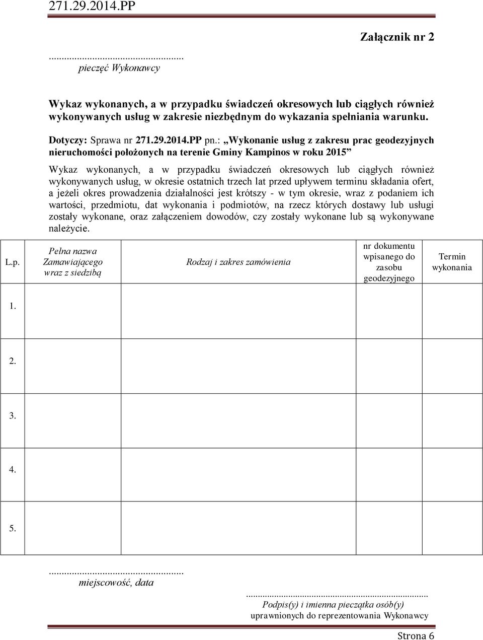 : Wykonanie usług z zakresu prac geodezyjnych nieruchomości położonych na terenie Gminy Kampinos w roku 2015 Wykaz wykonanych, a w przypadku świadczeń okresowych lub ciągłych również wykonywanych