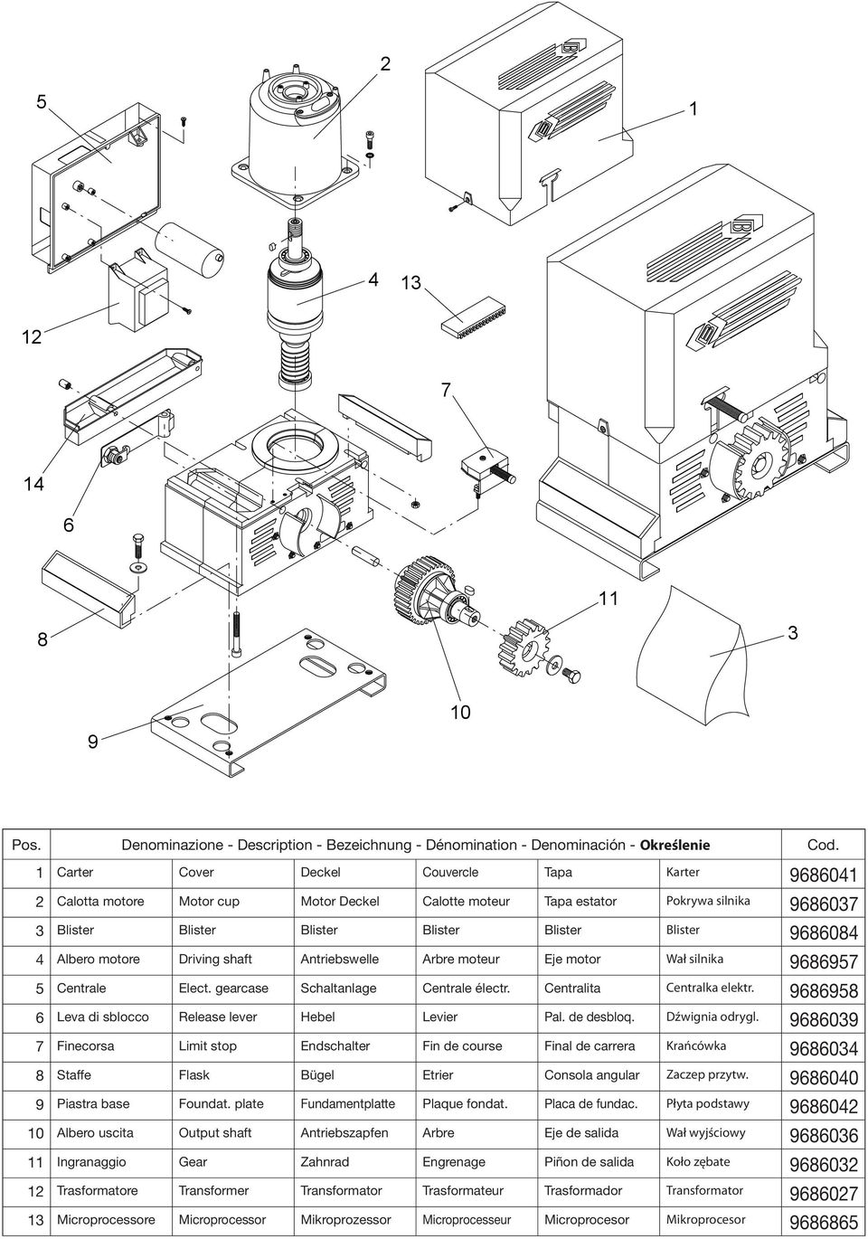 9686084 4 Albero motore Driving shaft Antriebswelle Arbre moteur Eje motor Wał silnika 9686957 5 Centrale Elect. gearcase Schaltanlage Centrale électr. Centralita Centralka elektr.