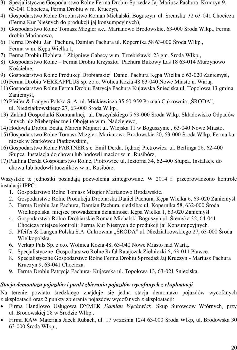 , Ferma drobiu Marianowo, 6) Ferma Drobiu Jan Pachura, Damian Pachura ul. Kopernika 58 63-000 Środa Wlkp., Ferma w m. Kępa Wielka 1, 7) Ferma Drobiu Elżbieta i Zbigniew Gabscy w m. Trzebisławki 23 gm.