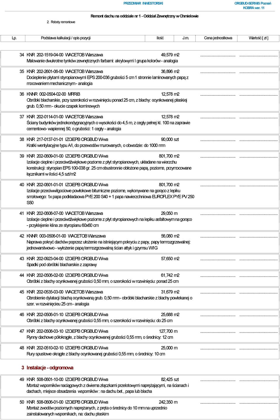 ... Docieplenie płytami styropianowymi EPS 200-036 grubości 5 cm 1 stronnie laminowanych papą z mocowaniem mechanicznym - analogia 36 KNNR 002-0504-02-00 MRRiB 12,578 m2.