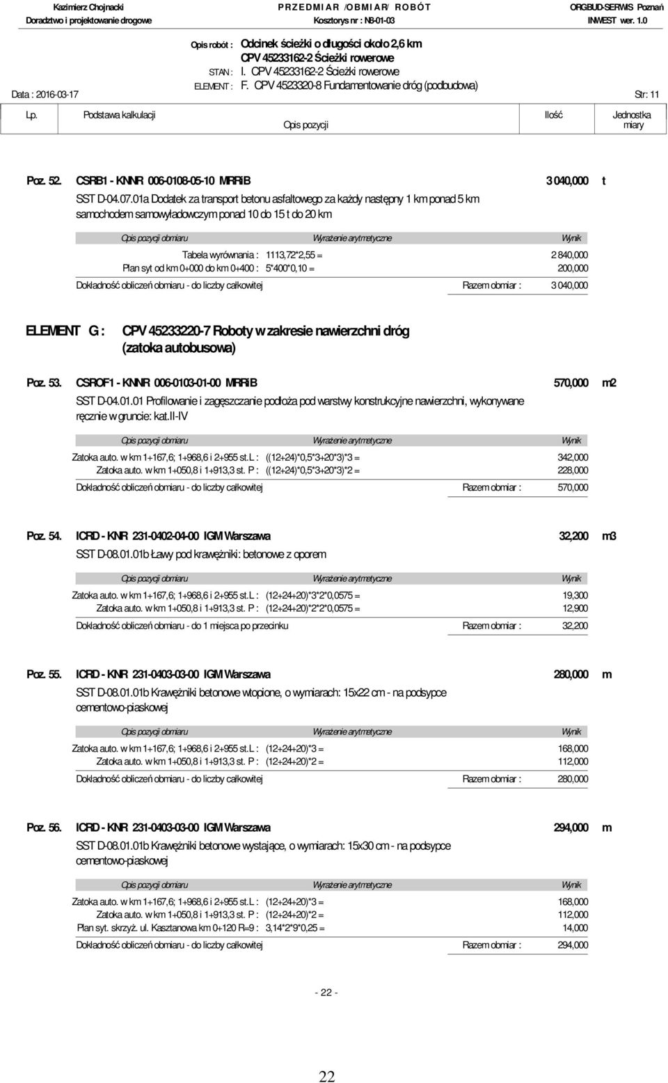 km 0+400 : 5*400*0,10 = 200,000 Dokładność obliczeń obmiaru - do liczby całkowitej Razem obmiar : 3 040,000 ELEMENT G : CPV 45233220-7 Roboty w zakresie nawierzchni dróg (zatoka autobusowa) Poz. 53.