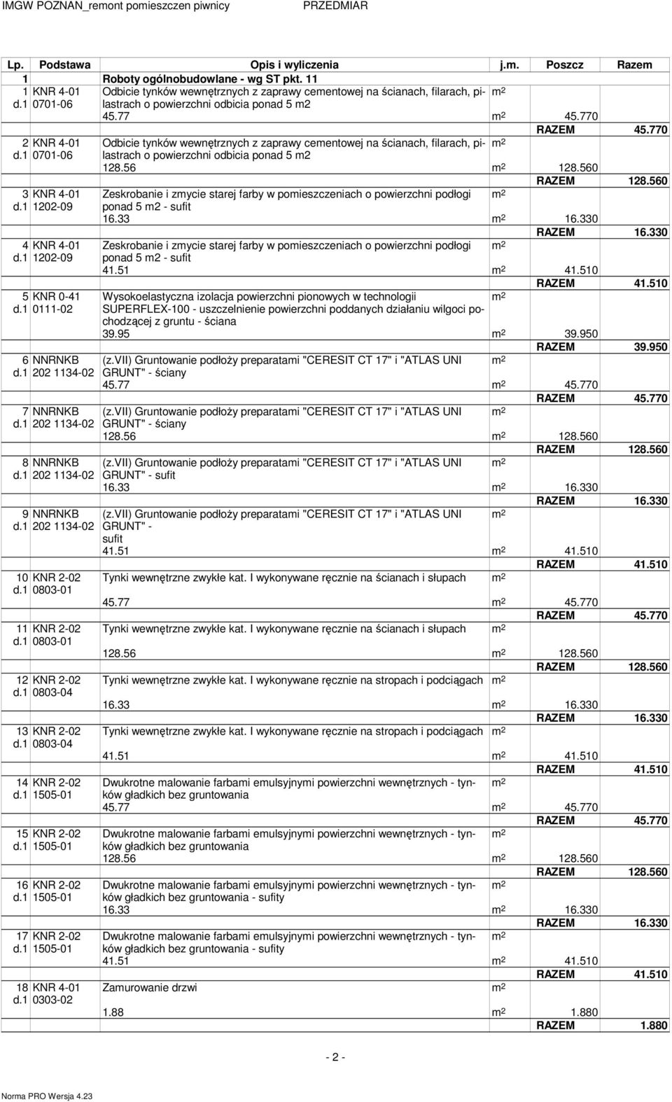 1 1202-09 Zeskrobanie i zycie starej farby w poieszczeniach o powierzchni podłogi ponad 5 2 - sufit 16.33 16.330 4 KNR 4-01 d.