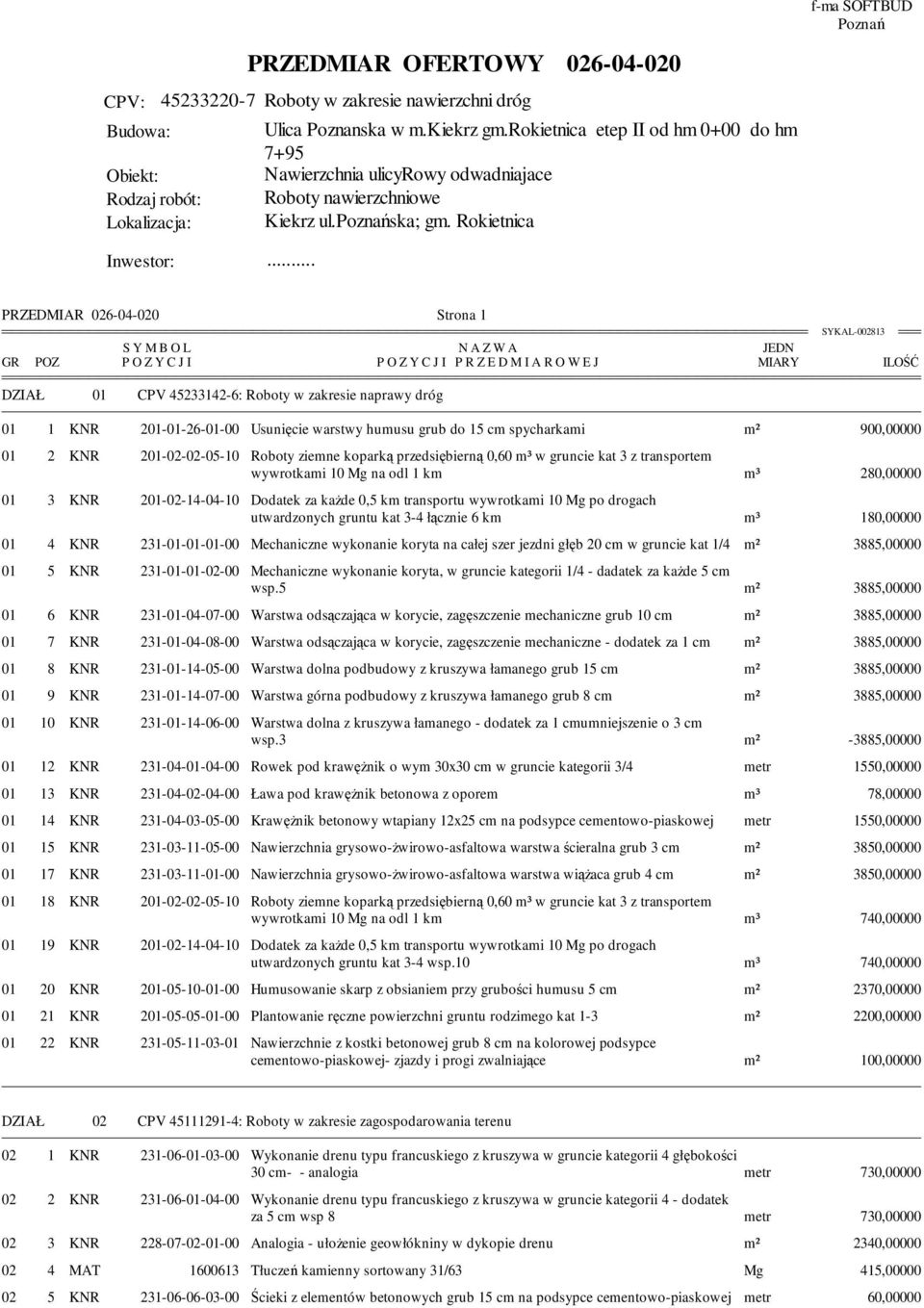 201-01-26-01-00 Usunięcie warstwy humusu grub do 15 cm spycharkami m² 900,00000 01 2 KNR 201-02-02-05-10 Roboty ziemne koparką przedsiębierną 0,60 m³ w gruncie kat 3 z transportem wywrotkami 10 Mg na