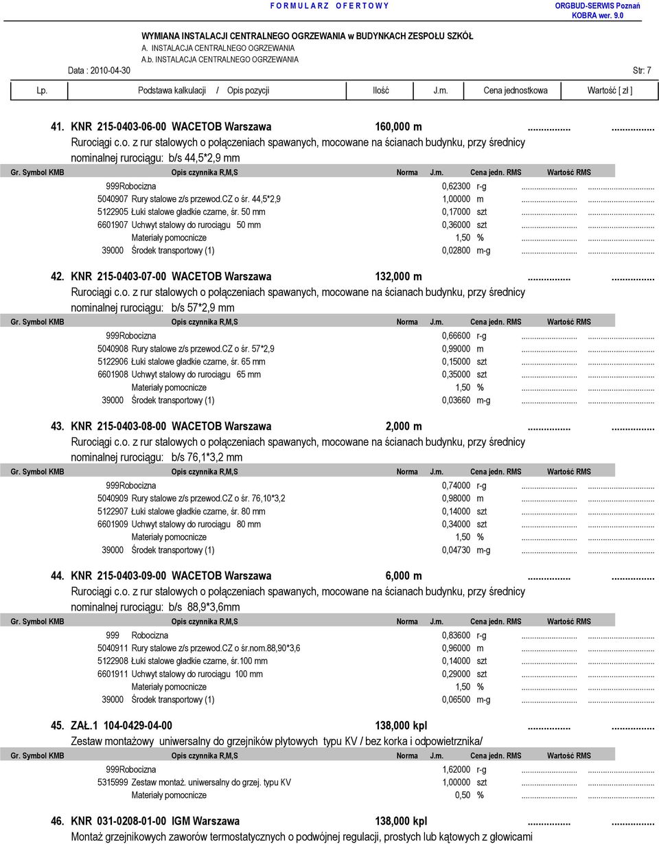 cz o śr. 44,5*2,9 1,00000 m...... 5122905 Łuki stalowe gładkie czarne, śr. 50 mm 0,17000 szt...... 6601907 Uchwyt stalowy do rurociągu 50 mm 0,36000 szt...... 39000 Środek transportowy (1) 0,02800 m-g.