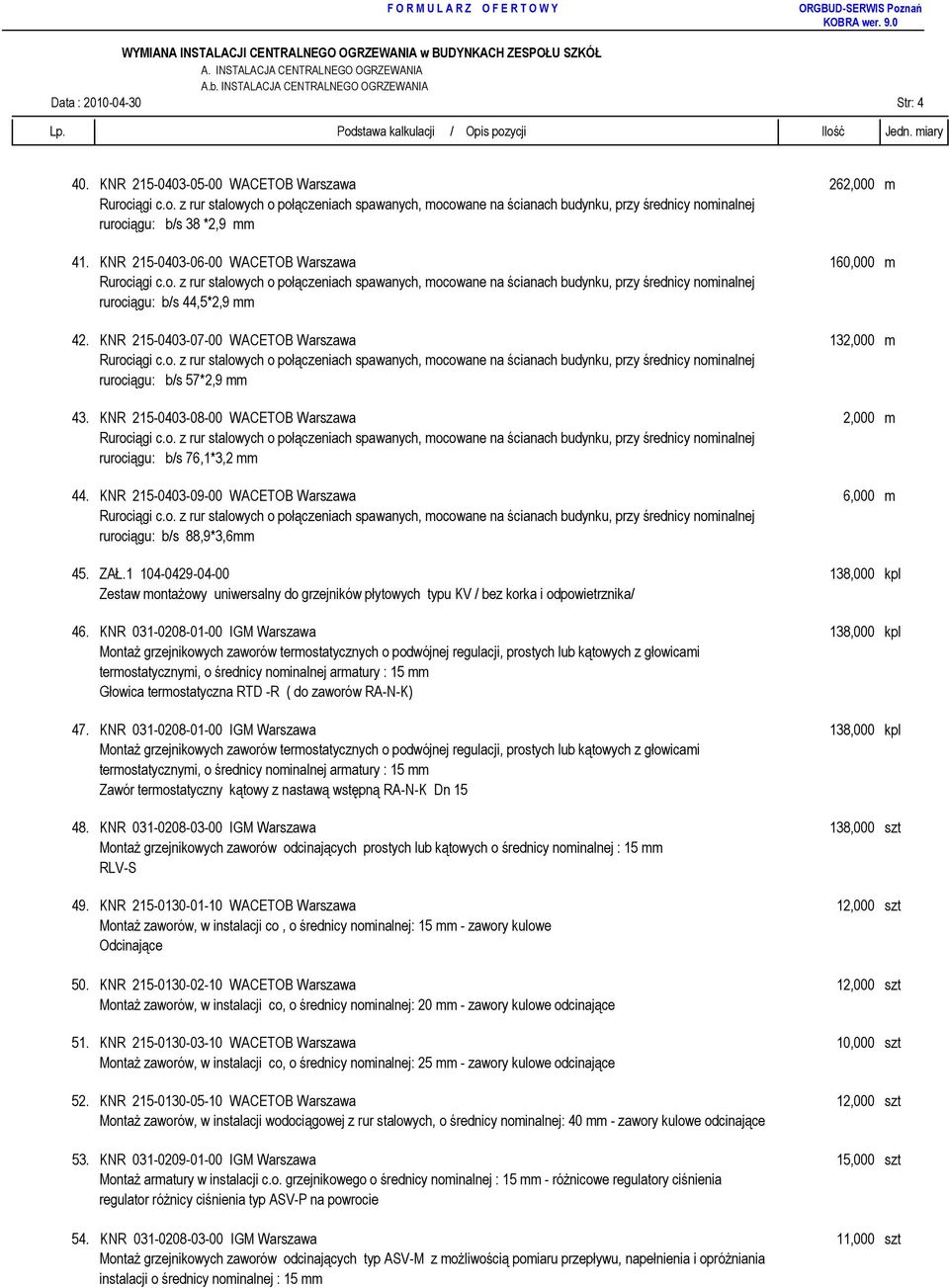 KNR 215-0403-07-00 WACETOB Warszawa 132,000 m Rurociągi c.o. z rur stalowych o połączeniach spawanych, mocowane na ścianach budynku, przy średnicy nominalnej rurociągu: b/s 57*2,9 mm 43.