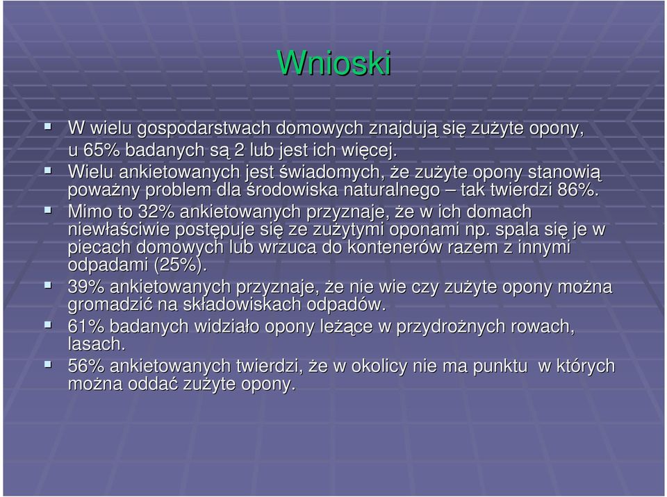 Mimo to 32% ankietowanych przyznaje, Ŝe w ich domach niewłaściwie postępuje się ze zuŝytymi oponami np.