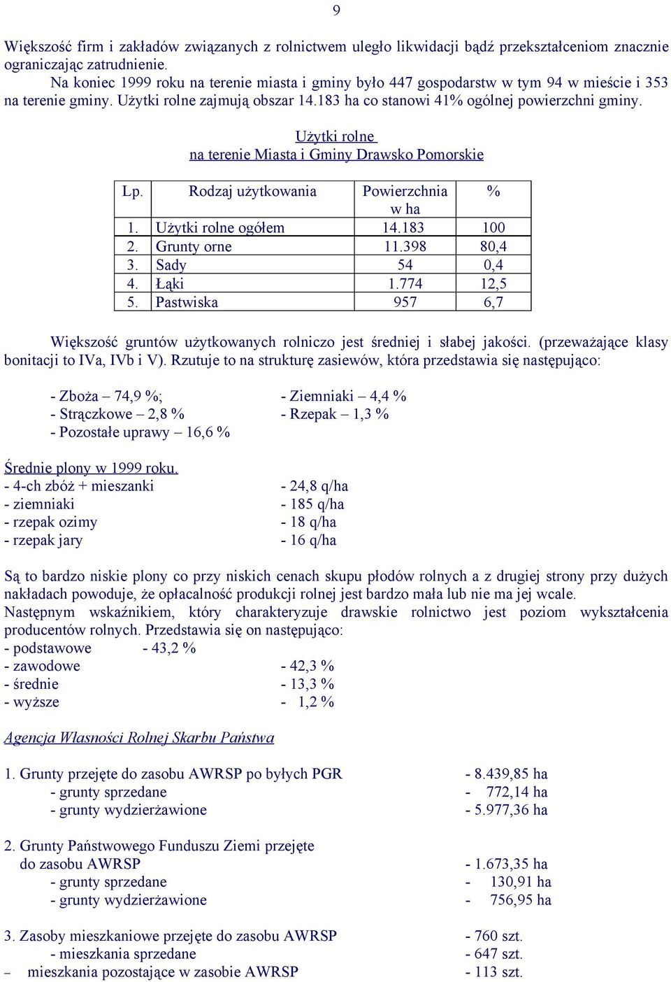 Użytki rolne na terenie Miasta i Gminy Drawsko Pomorskie Lp. Rodzaj użytkowania Powierzchnia % w ha 1. Użytki rolne ogółem 14.183 100 2. Grunty orne 11.398 80,4 3. Sady 54 0,4 4. Łąki 1.774 12,5 5.