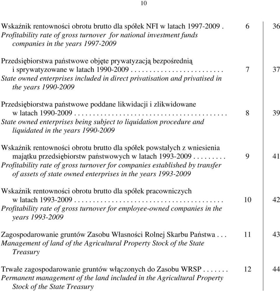 1990-2009......................... 7 37 State owned enterprises included in direct privatisation and privatised in the years 1990-2009 Przedsiębiorstwa państwowe poddane likwidacji i zlikwidowane w latach 1990-2009.
