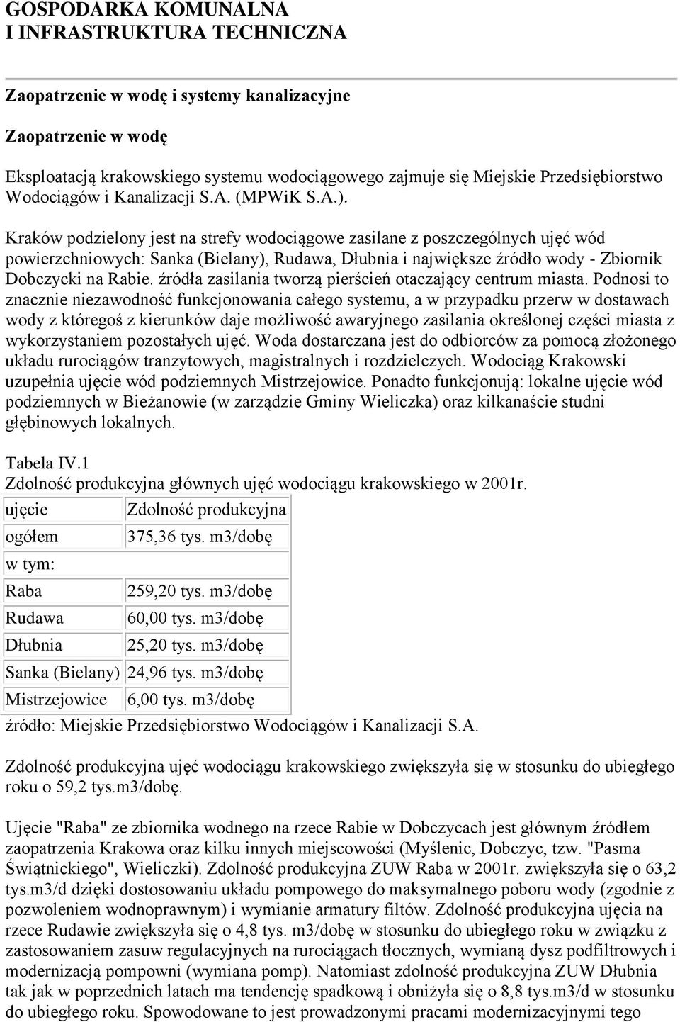 Kraków podzielony jest na strefy wodociągowe zasilane z poszczególnych ujęć wód powierzchniowych: Sanka (Bielany), Rudawa, Dłubnia i największe źródło wody - Zbiornik Dobczycki na Rabie.