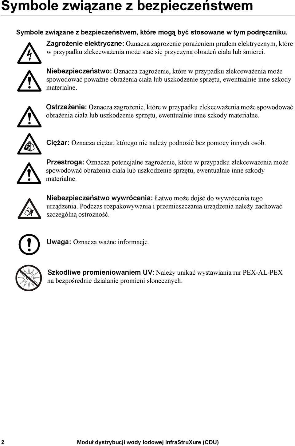 Niebezpieczeństwo: Oznacza zagrożenie, które w przypadku zlekceważenia może spowodować poważne obrażenia ciała lub uszkodzenie sprzętu, ewentualnie inne szkody materialne.