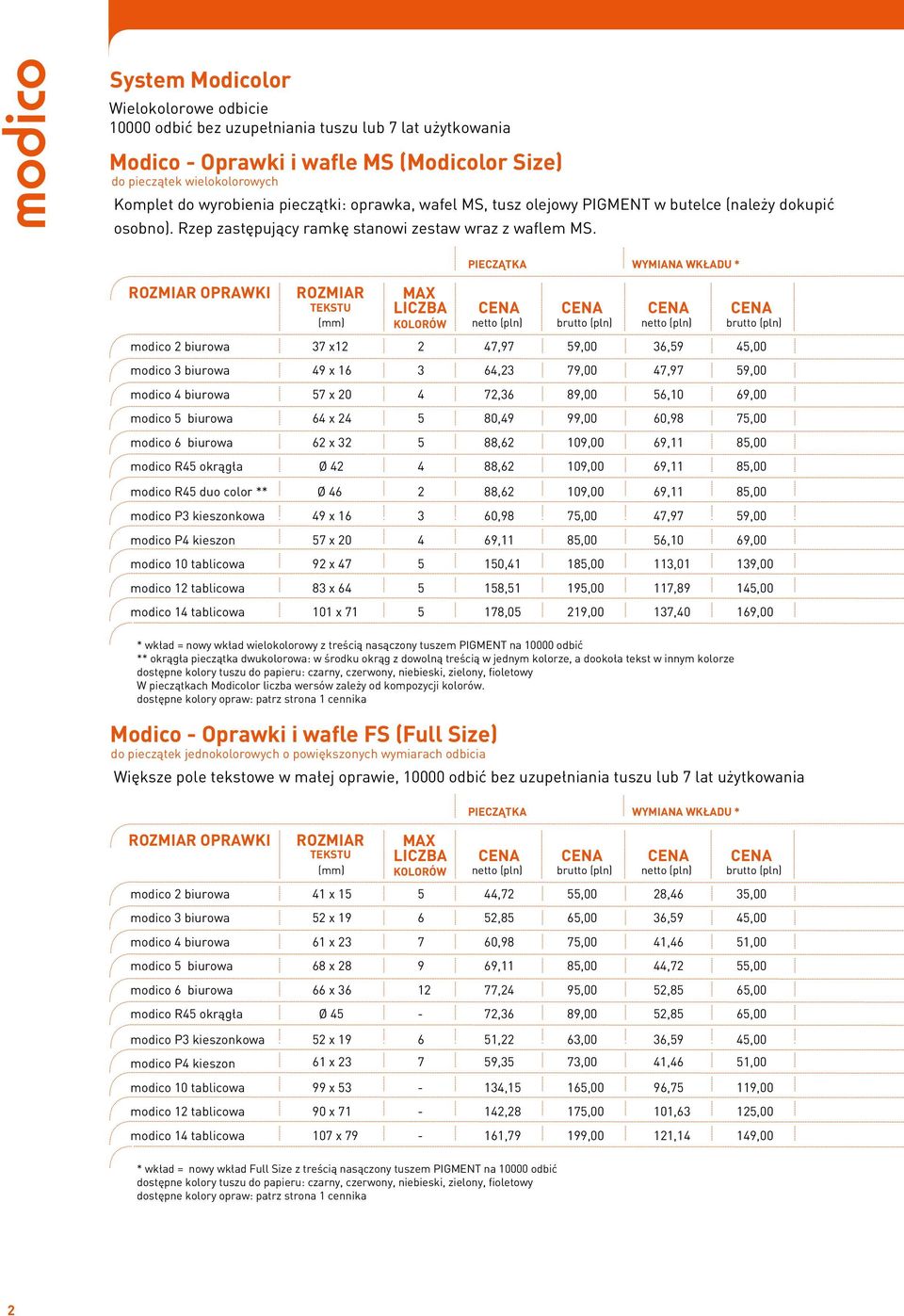 OPRAWKI modico P3 kieszonkowa modico P4 kieszon modico 10 tablicowa modico 12 tablicowa modico 14 tablicowa KOLORÓW * wkład = nowy wkład wielokolorowy z treścią nasączony tuszem PIGMENT na 10000