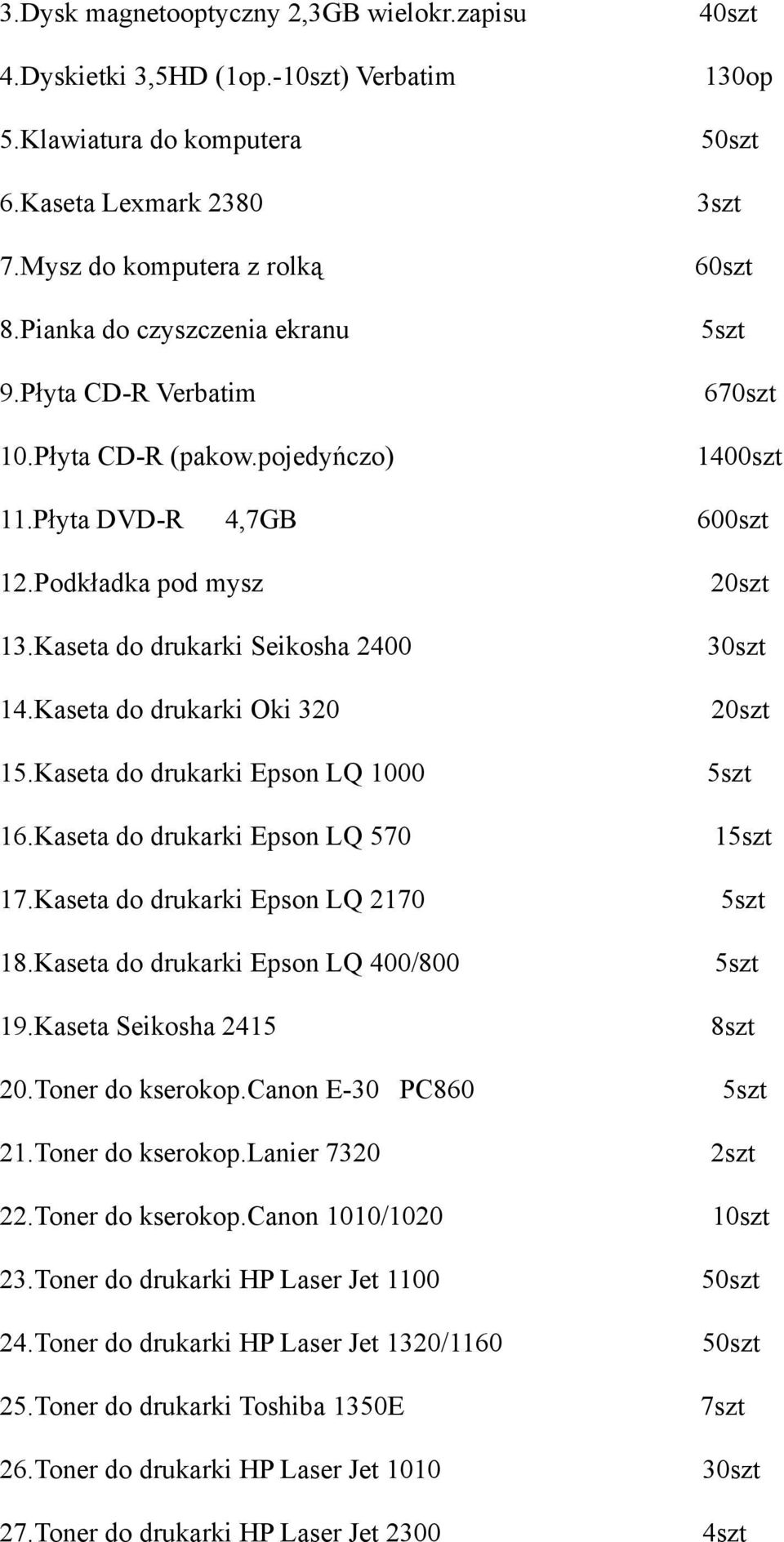 Kaseta do drukarki Oki 320 15.Kaseta do drukarki Epson LQ 1000 16.Kaseta do drukarki Epson LQ 570 17.Kaseta do drukarki Epson LQ 2170 18.Kaseta do drukarki Epson LQ 400/800 19.Kaseta Seikosha 2415 20.